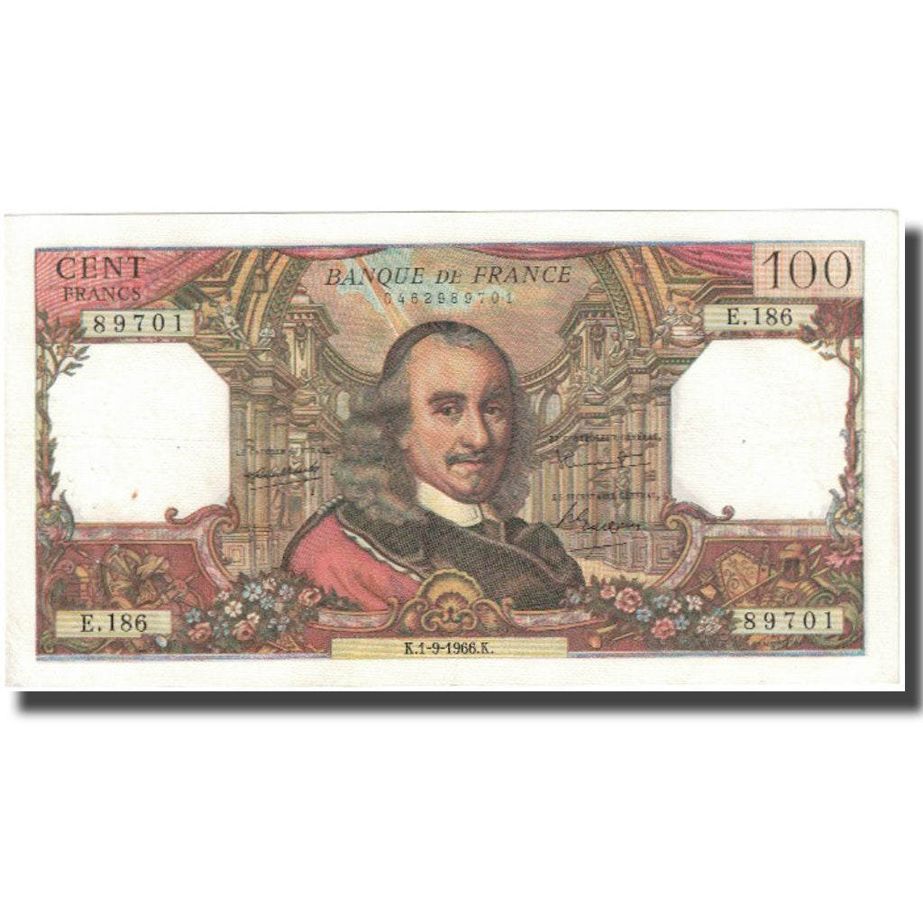 França, 100 Francs, Corneille, 1966, 1966-09-01, VF(20-25), Fayette:65.14