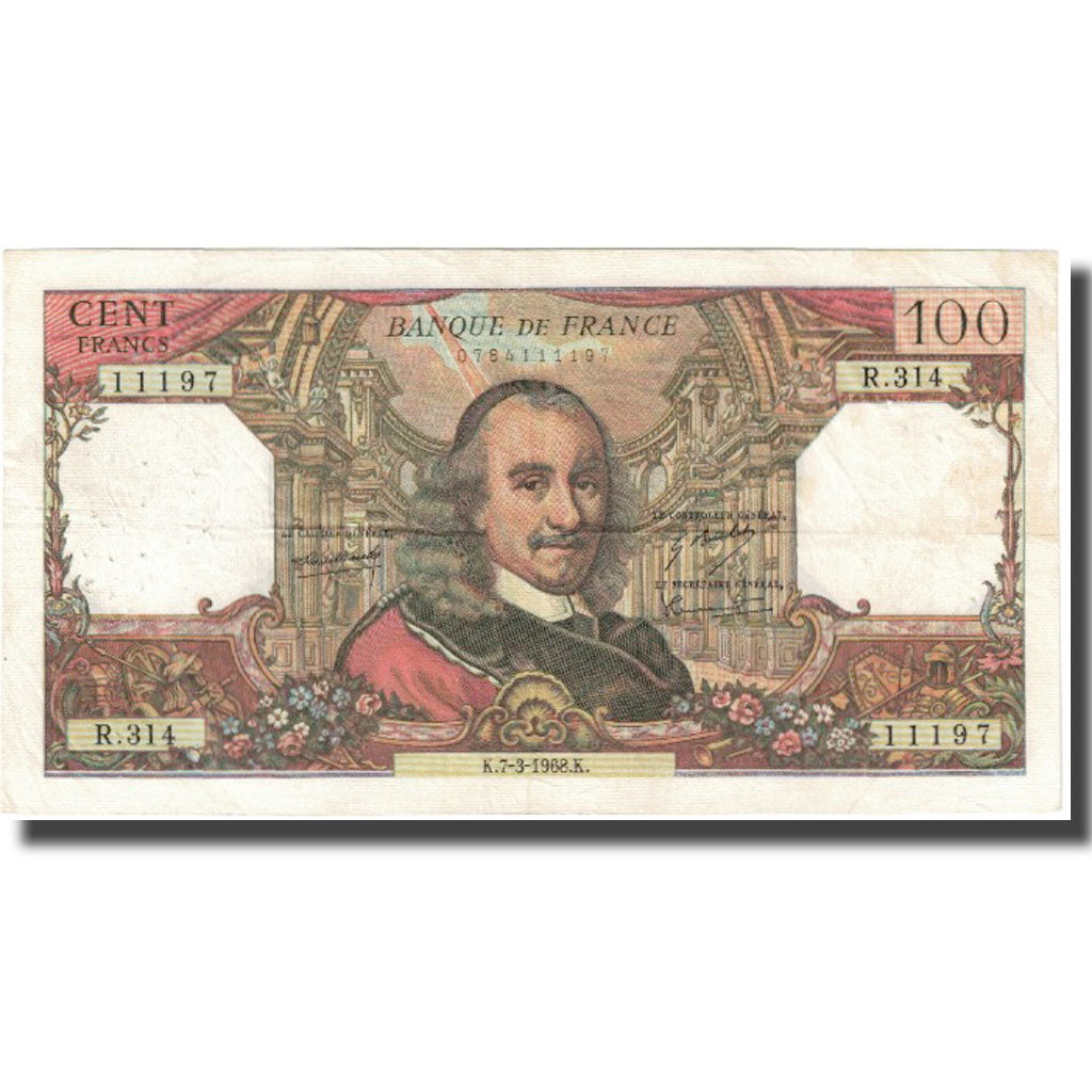 França, 100 Francs, Corneille, 1968, 1968-03-07, VF(20-25), Fayette:65.21