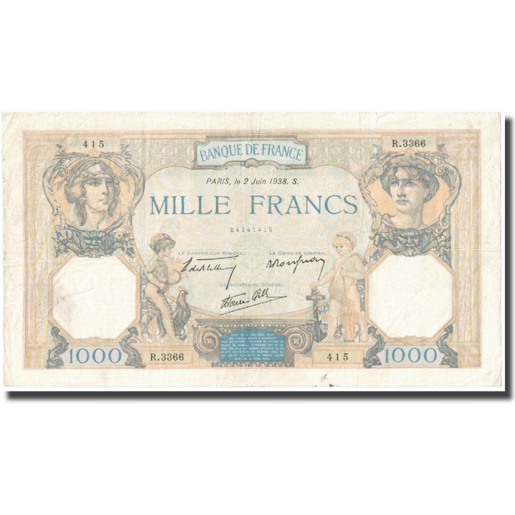 France, 1000 Francs, Cérès, 1938, 1938-06-02, VF(20-25), Fayette:38.17, KM:90c