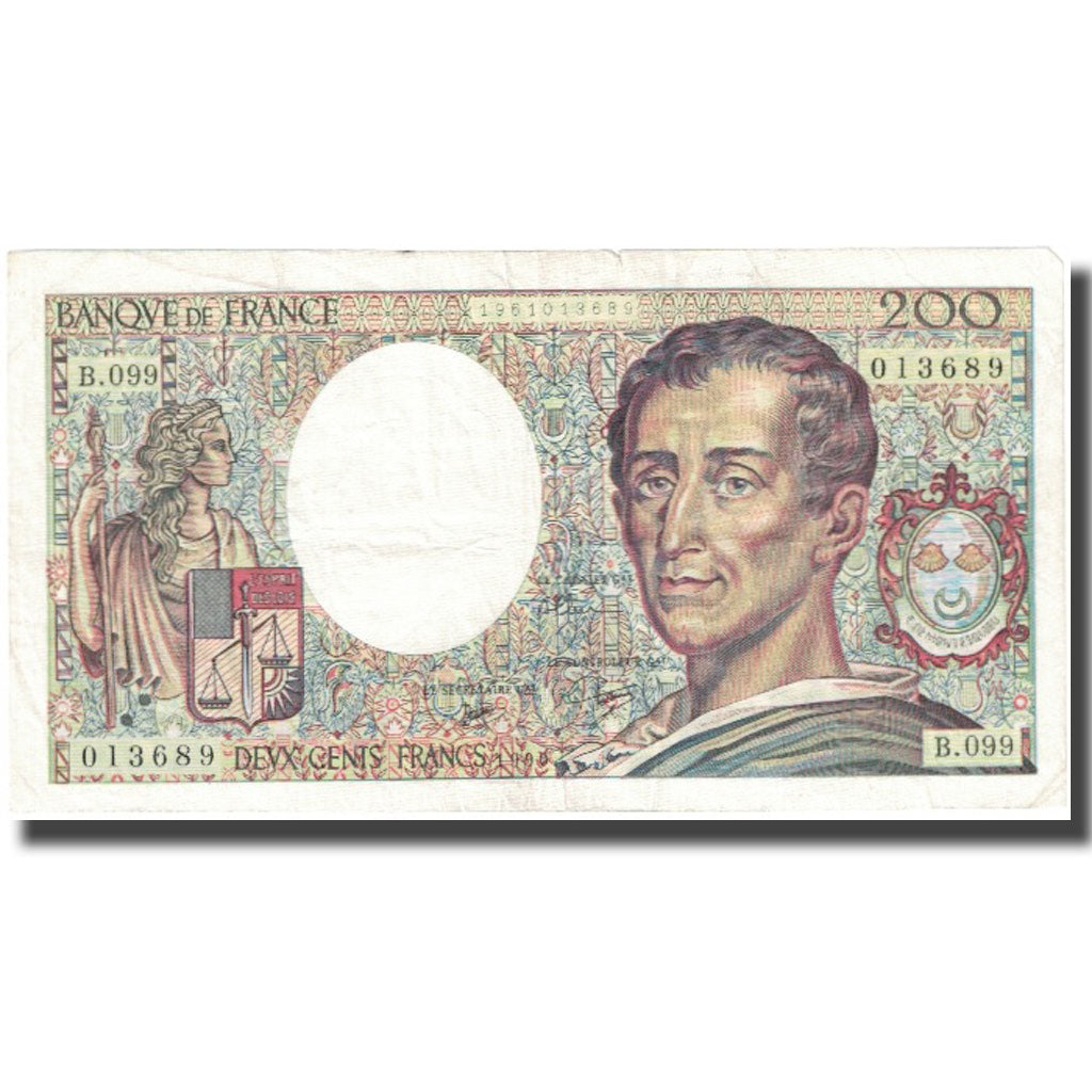 Francja, 200 Francs, Montesquieu, 1990, VF(20-25), Fayette:70.10b, KM:155d