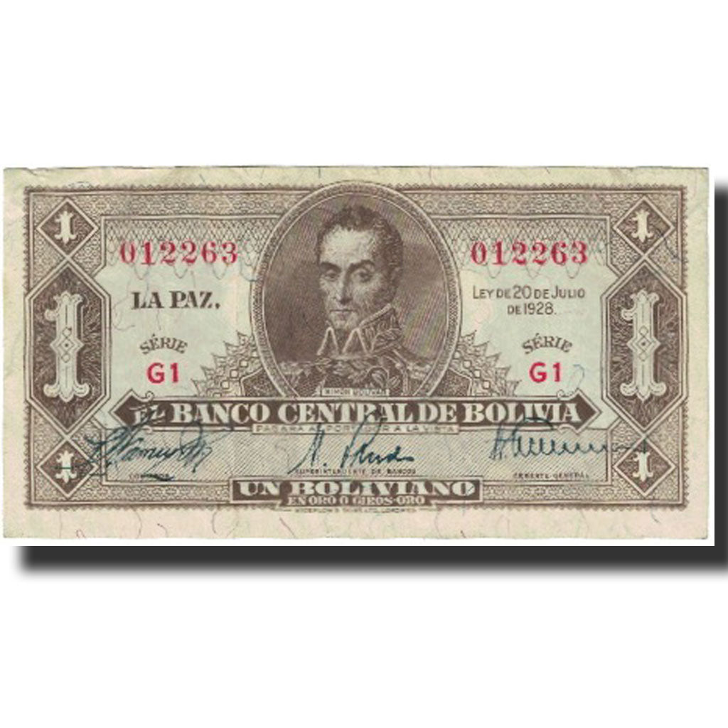 Biljet, Bolivia, 1 Boliviano, L.1928, 1952, KM:128a, NIEUW