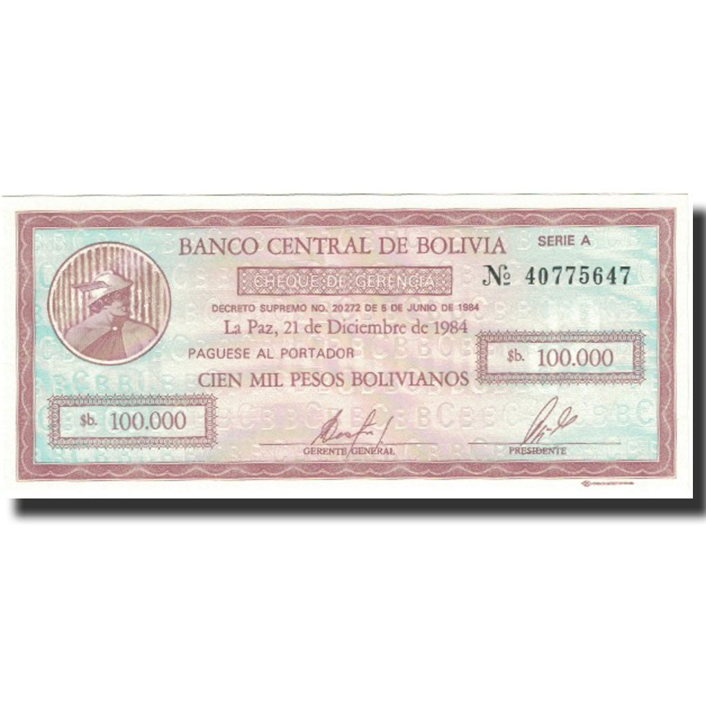 Billete, 100,000 Pesos Bolivianos, 1984, Bolivia, 1984-12-21, KM:188, UNC