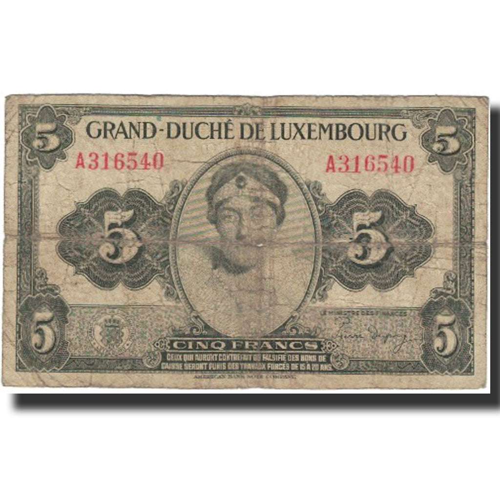 Geldschein, Luxemburg, 5 Francs, Undated (1944), KM:43b, S
