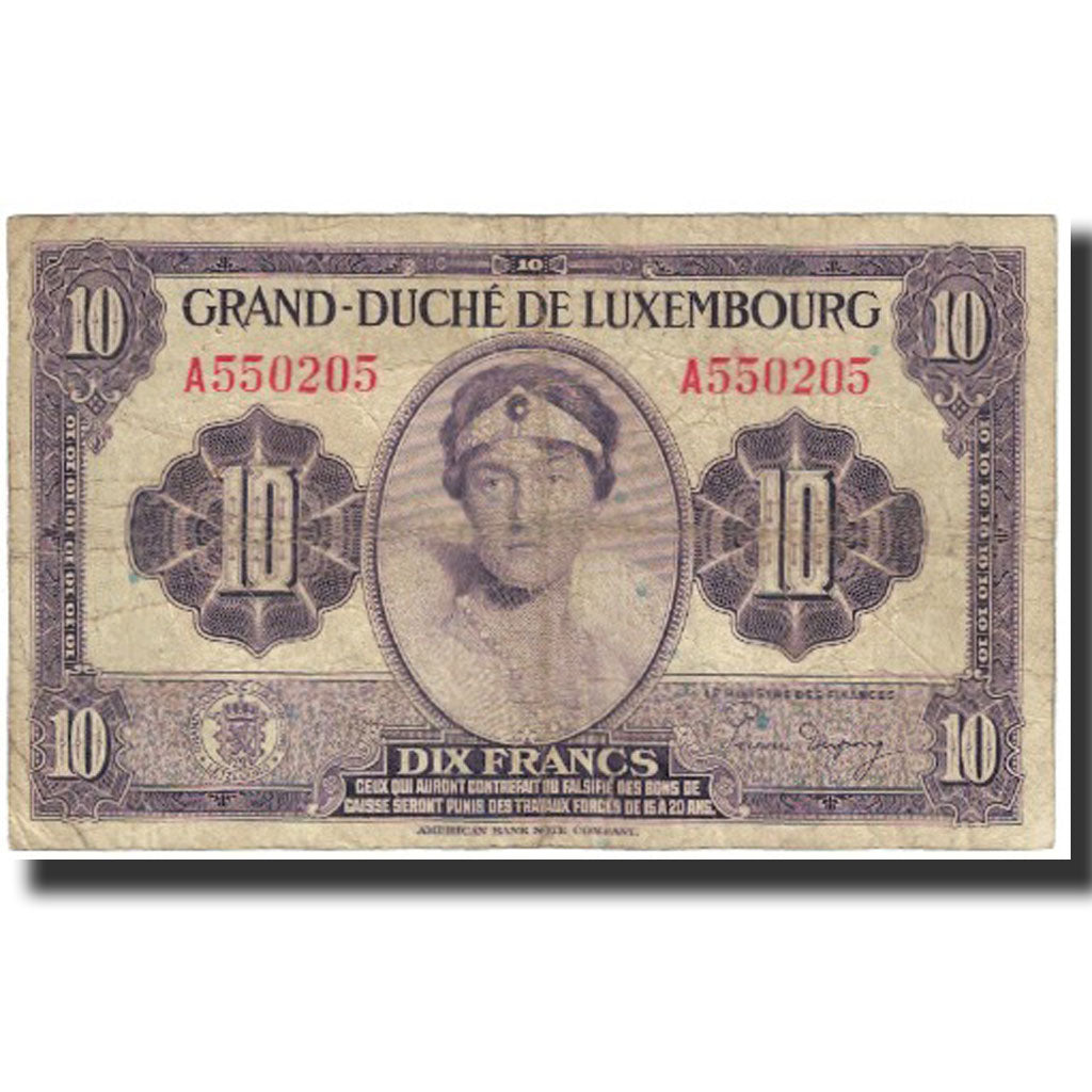 Banknote, Luxembourg, 10 Francs, Undated (1944), KM:44a, VF(20-25)