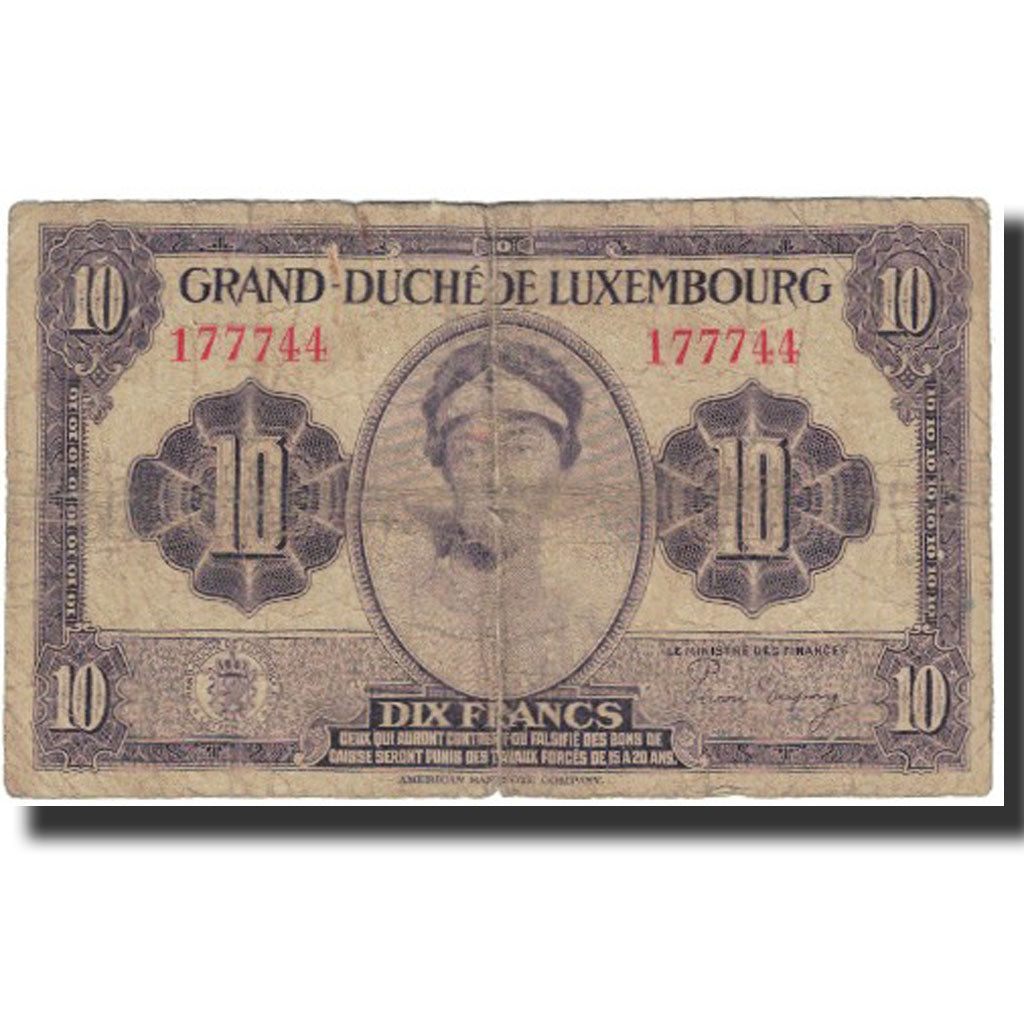 Geldschein, Luxemburg, 10 Francs, Undated (1944), KM:44a, S