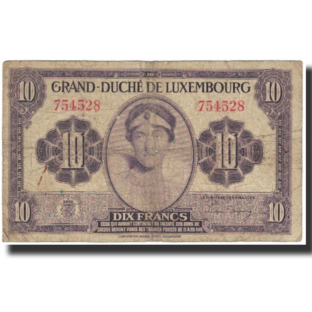 Banknote, Luxembourg, 10 Francs, Undated (1944), KM:44a, VF(20-25)