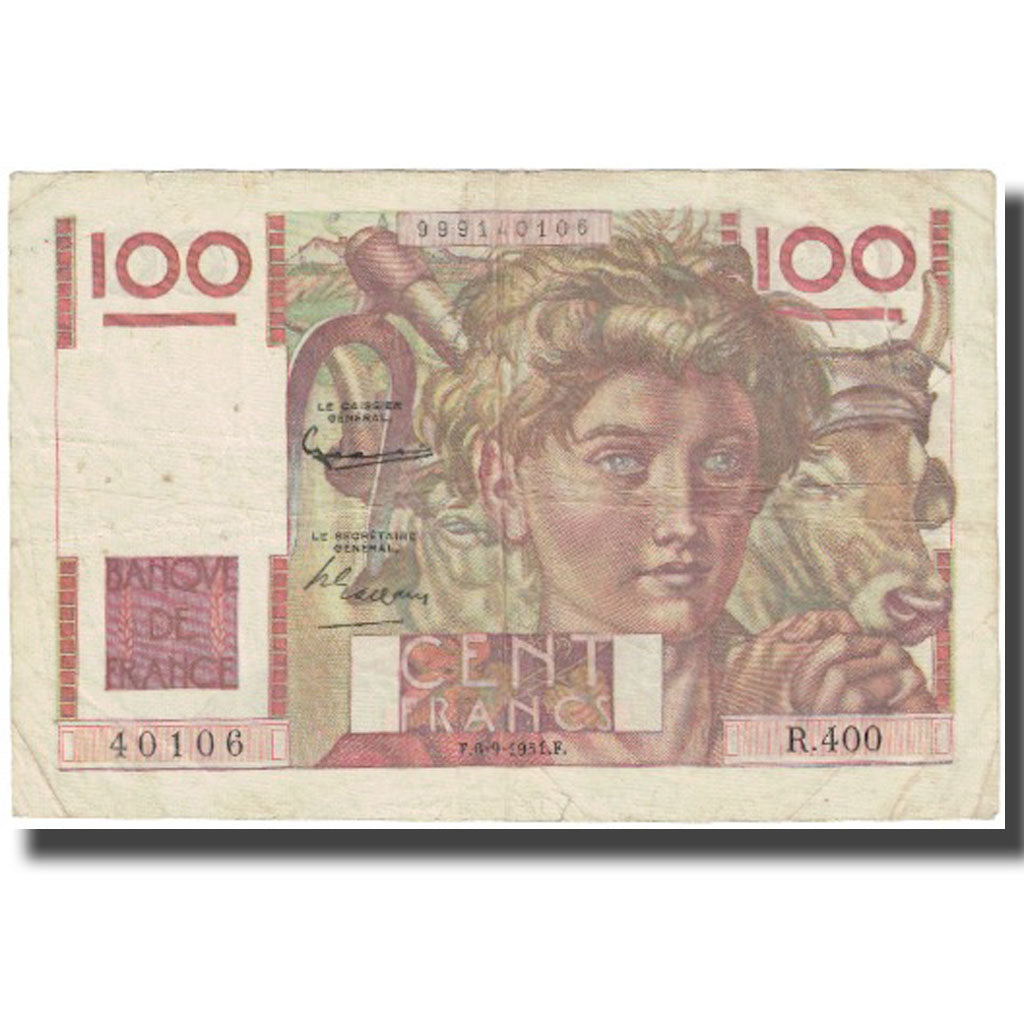 France, 100 Francs, Jeune Paysan, 1951, 1951-09-06, VF(20-25), Fayette:28.29