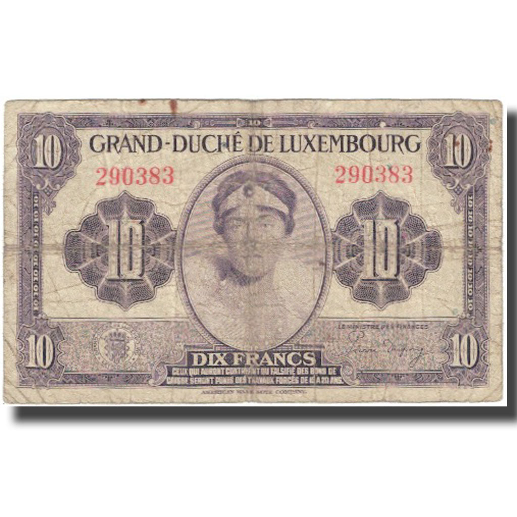 Banknote, Luxembourg, 10 Francs, Undated (1944), KM:44a, VG(8-10)