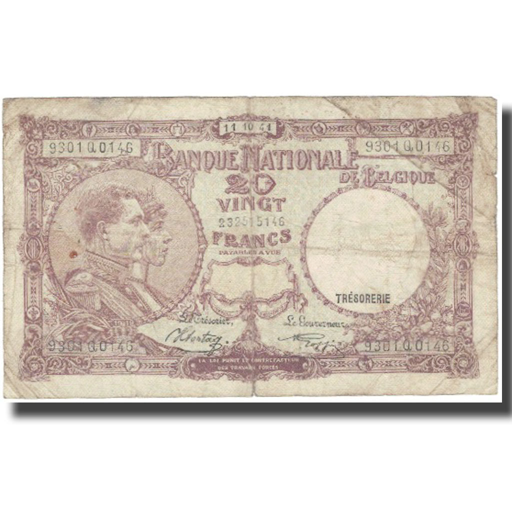 Banknote, Belgium, 20 Francs, 1941, 1941.10.11, KM:111, VF(20-25)