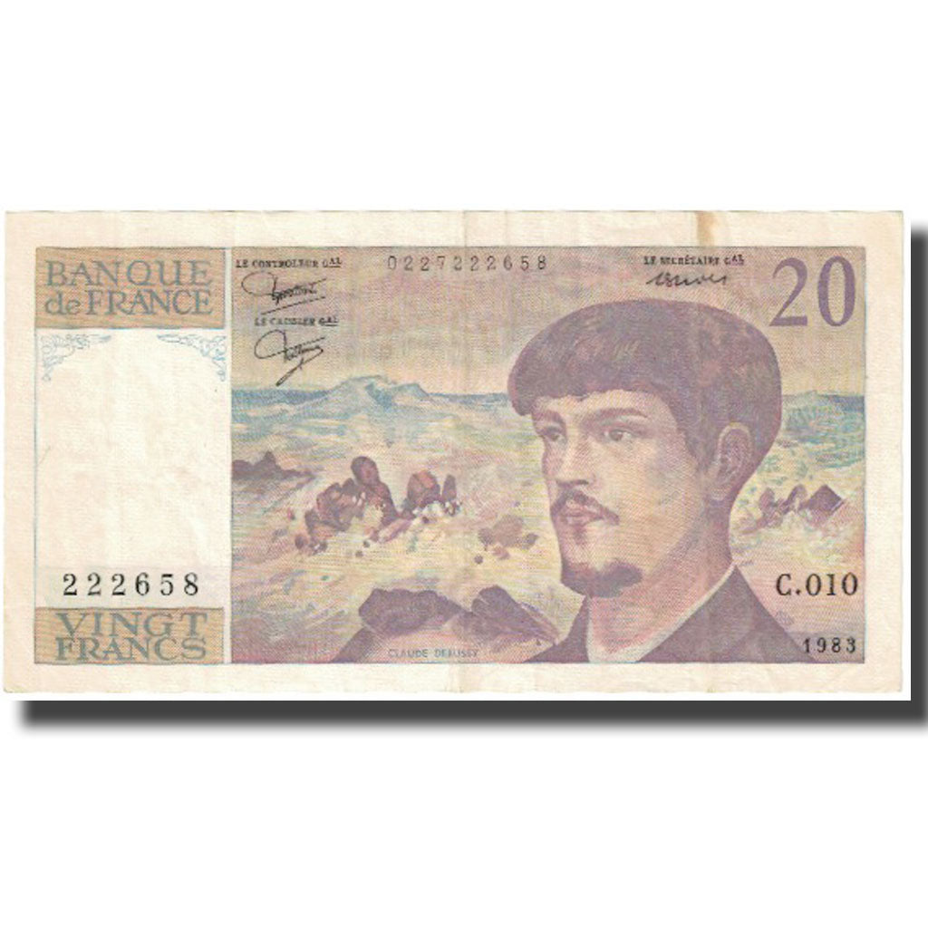 France, 20 Francs, Debussy, 1983, EF(40-45), Fayette:66.4, KM:151a
