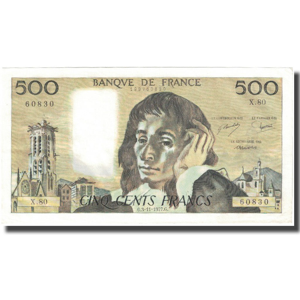 France, 500 Francs, Pascal, 1977, 1977-11-03, EF(40-45), Fayette:71.17, KM:156d