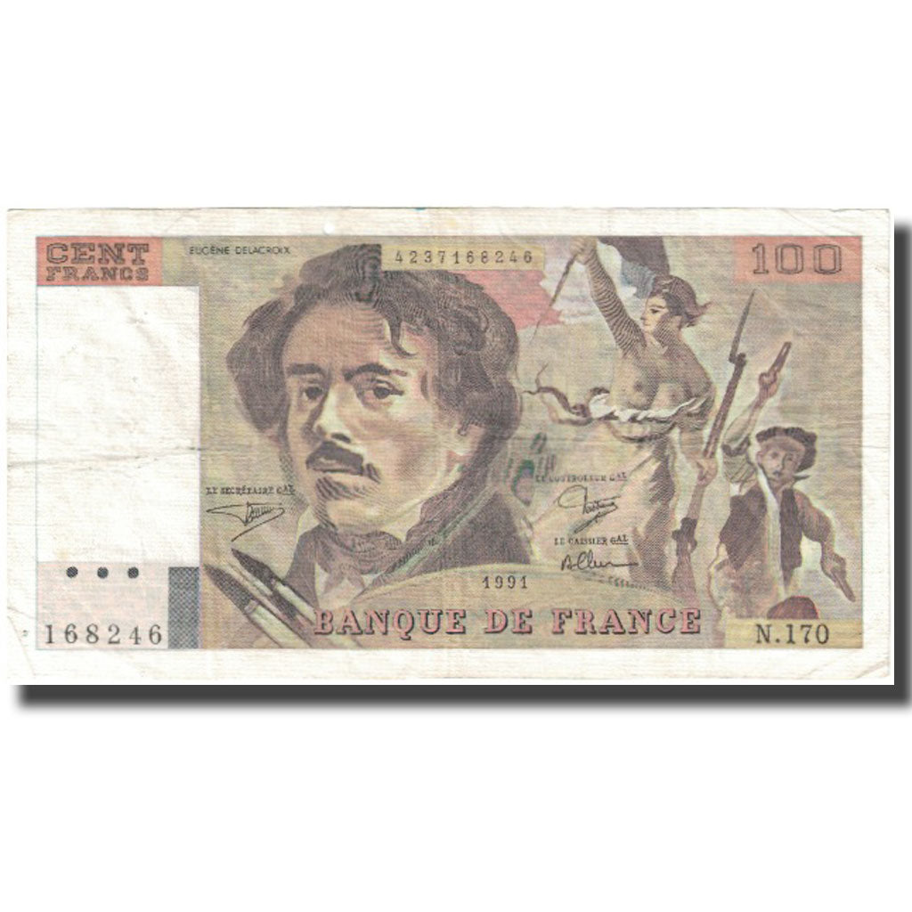 Francia, 100 Francs, Delacroix, 1991, MB+, Fayette:69.b.3.a.1.a, KM:154e