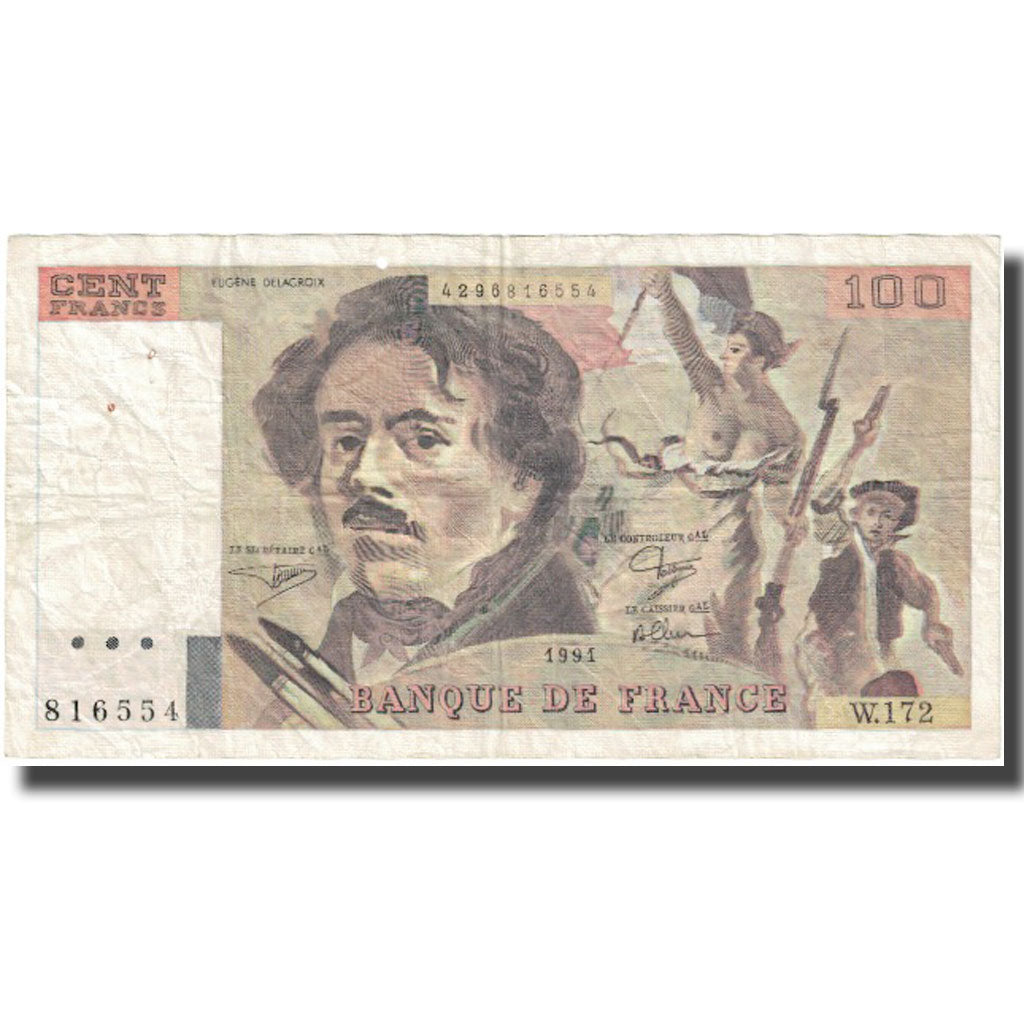 Francia, 100 Francs, Delacroix, 1991, MB+, Fayette:69.b.3.a.4, KM:154e