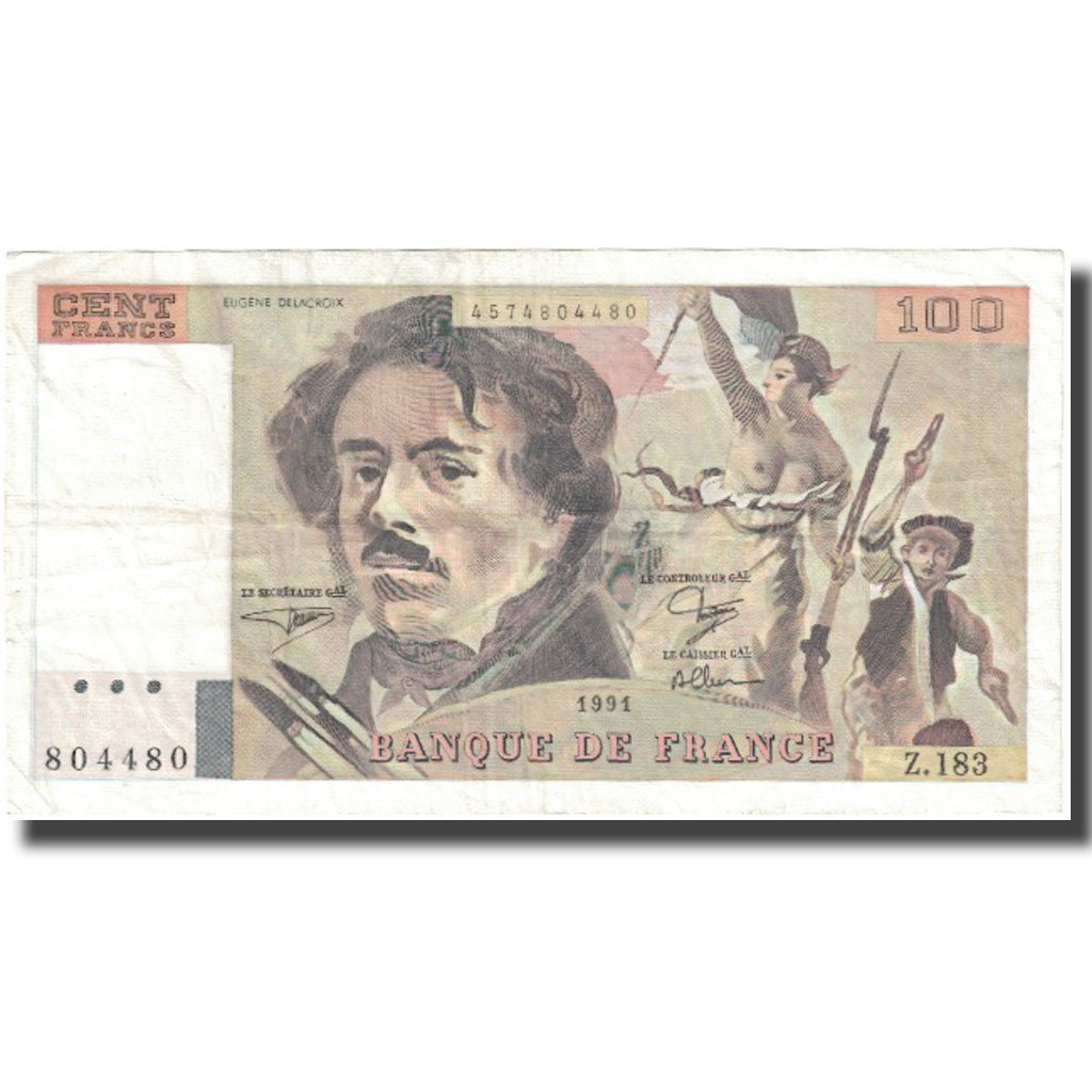 France, 100 Francs, Delacroix, 1991, VF(30-35), Fayette:69.bis.3.b2, KM:154e