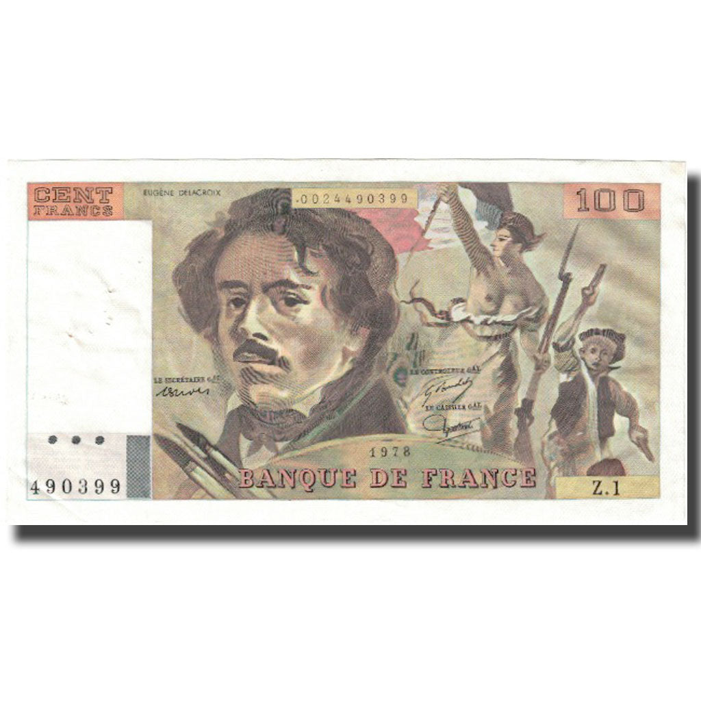 France, 100 Francs, Delacroix, 1978, UNC(63), Fayette:68.1, KM:154a