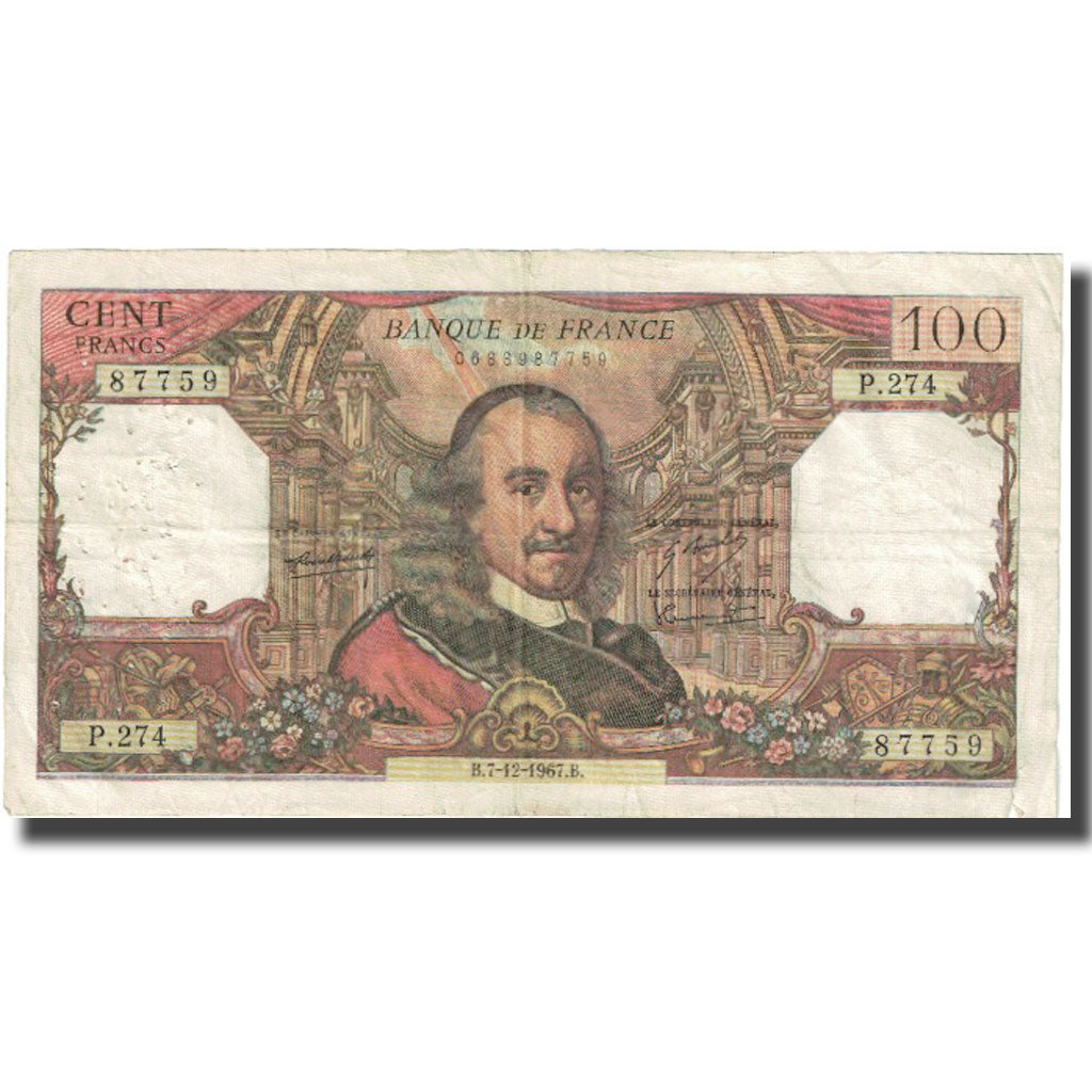 França, 100 Francs, Corneille, 1967, 1967-12-07, VF(20-25), Fayette:65.19