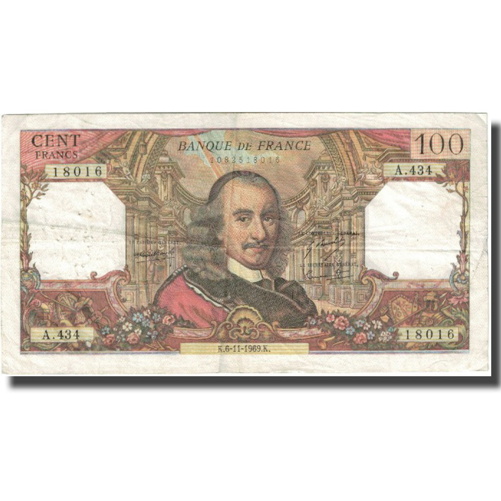 France, 100 Francs, Corneille, 1969, 1969-11-06, VF(20-25), Fayette:65.28