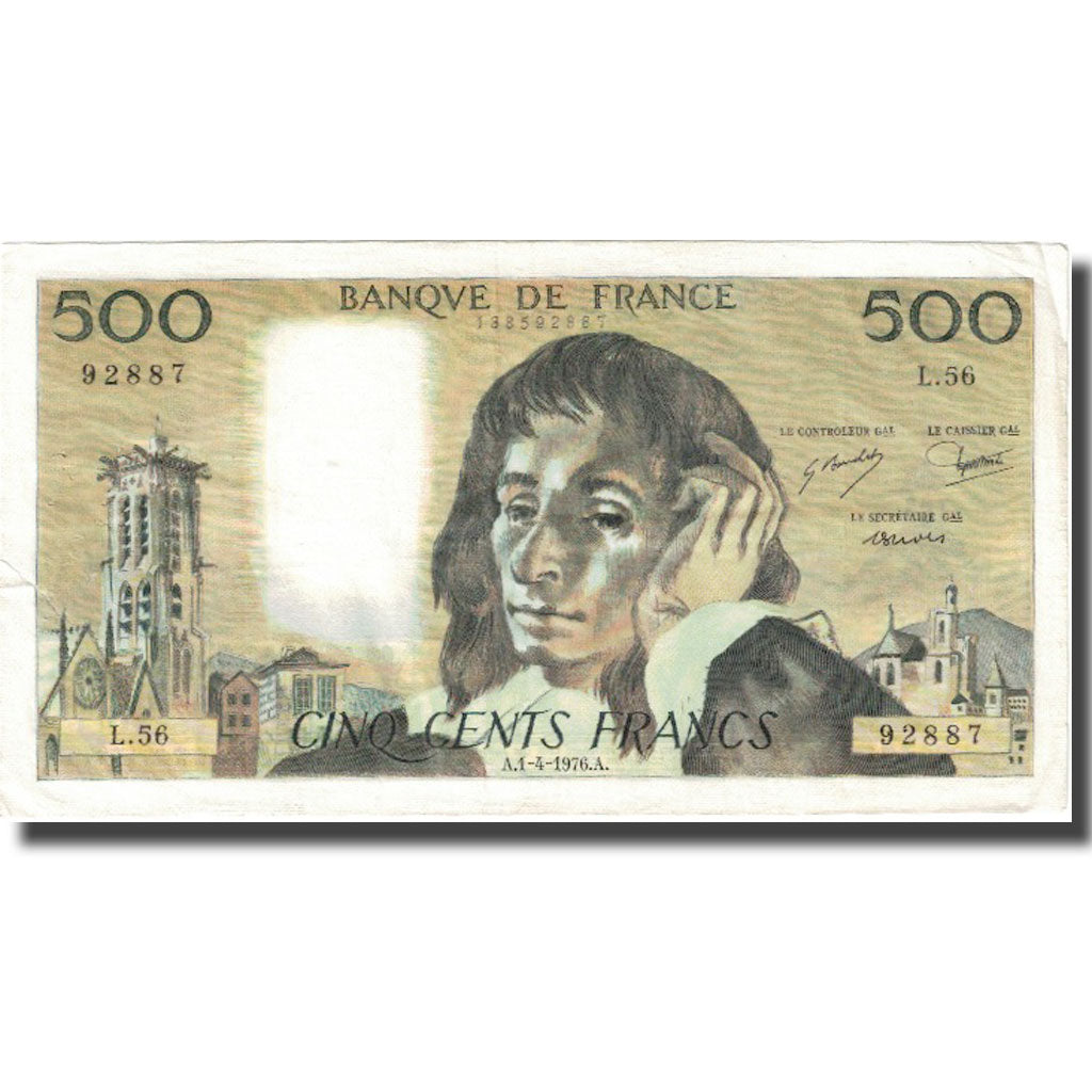 France, 500 Francs, Pascal, 1976, 1976-04-01, VF(20-25), Fayette:71.14, KM:156d