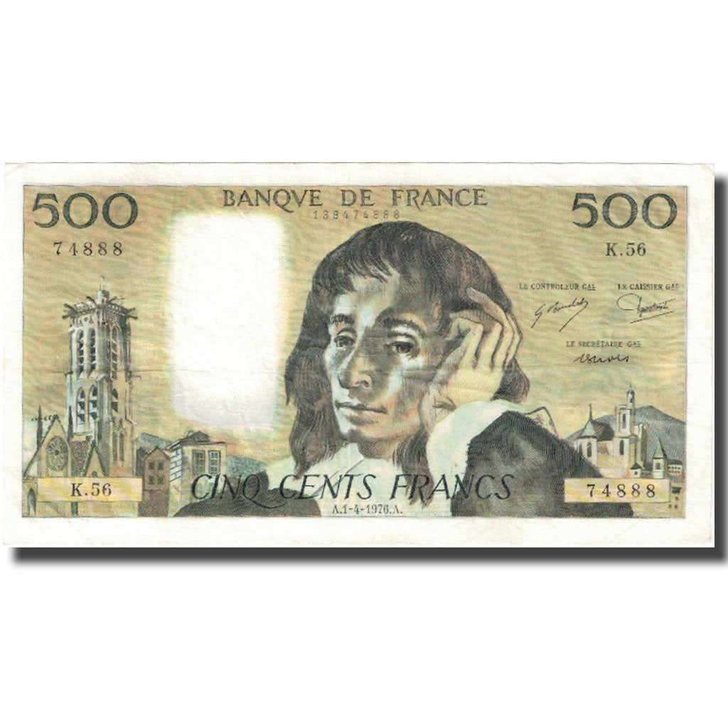 France, 500 Francs, Pascal, 1976, 1976-04-01, VF(30-35), Fayette:71.14, KM:156d