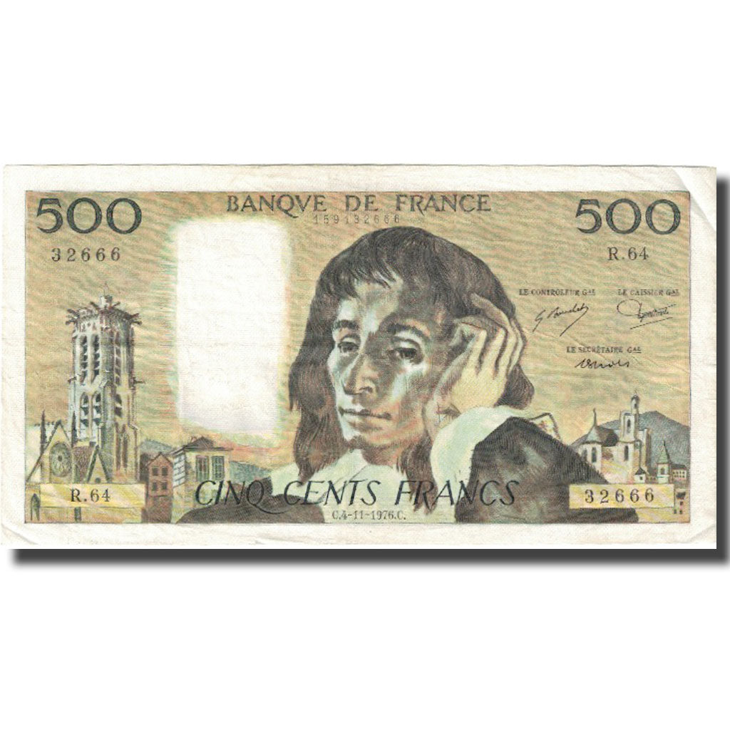 Francia, 500 Francs, Pascal, 1976, 1976-11-04, MB, Fayette:71.15, KM:156d