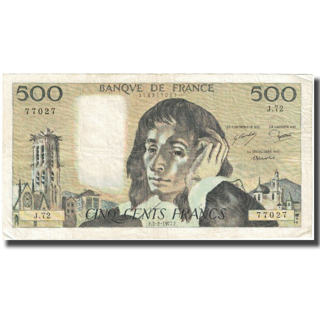 França, 500 Francs, Pascal, 1977, 1977-02-03, F(12-15), Fayette:71.16, KM:156d