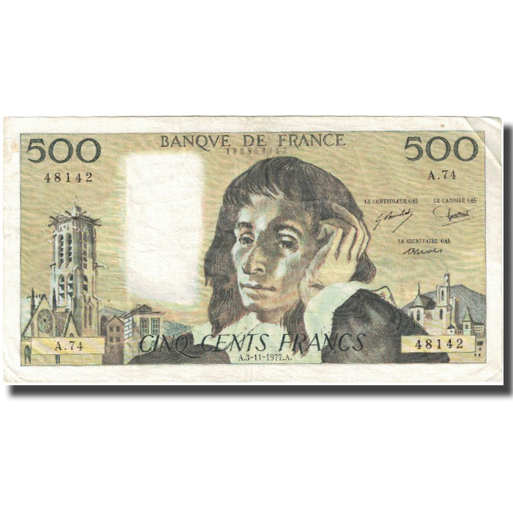 Frankrijk, 500 Francs, Pascal, 1977, 1977-11-03, B+, Fayette:71.17, KM:156d