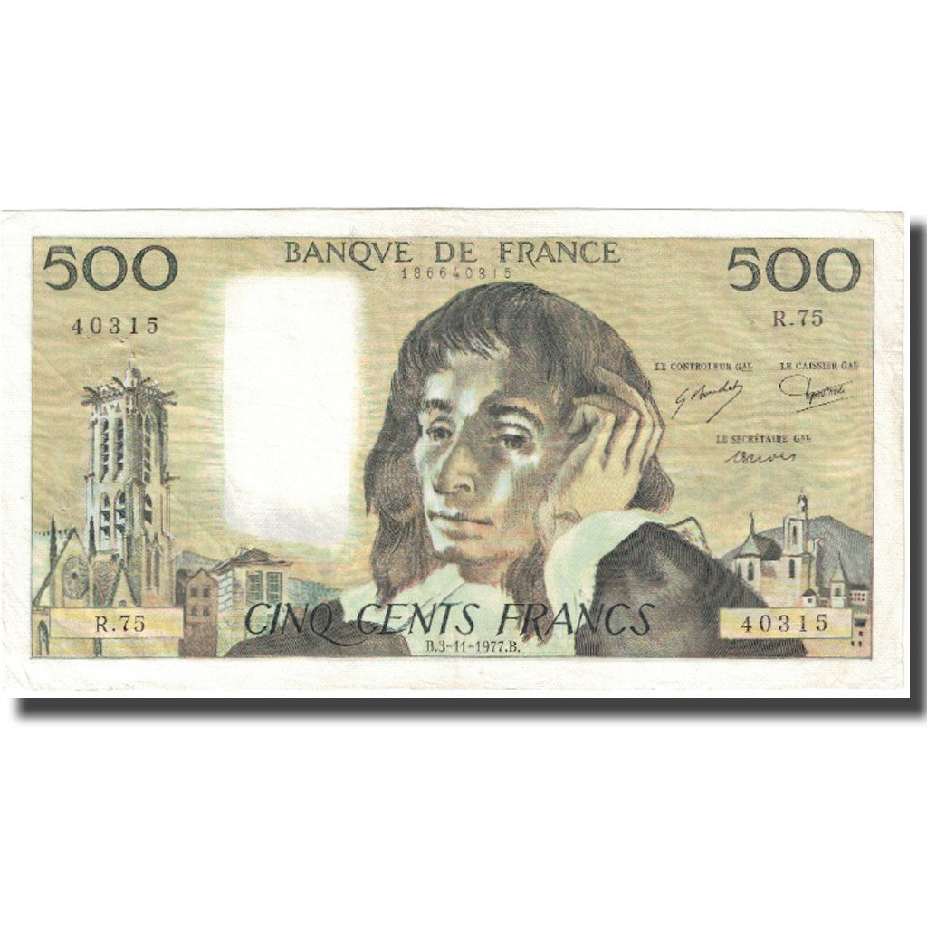 France, 500 Francs, Pascal, 1977, 1977-11-03, VF(30-35), Fayette:71.17, KM:156d