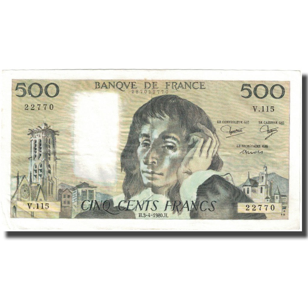 France, 500 Francs, Pascal, 1980, 1980-04-03, VF(30-35), Fayette:71.21, KM:156e