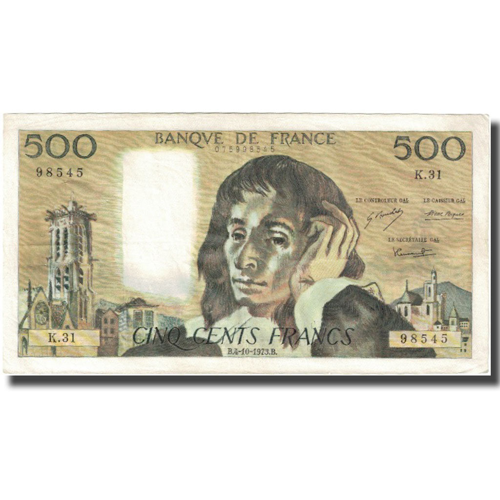 France, 500 Francs, Pascal, 1973, 1973-10-04, VF(30-35), Fayette:71.9, KM:156b