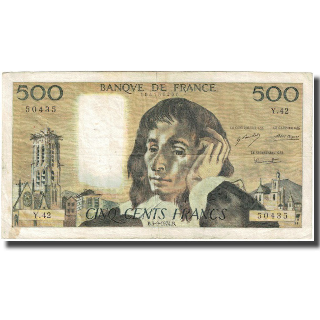 France, 500 Francs, Pascal, 1974, 1974-09-05, F(12-15), Fayette:71.11, KM:156b
