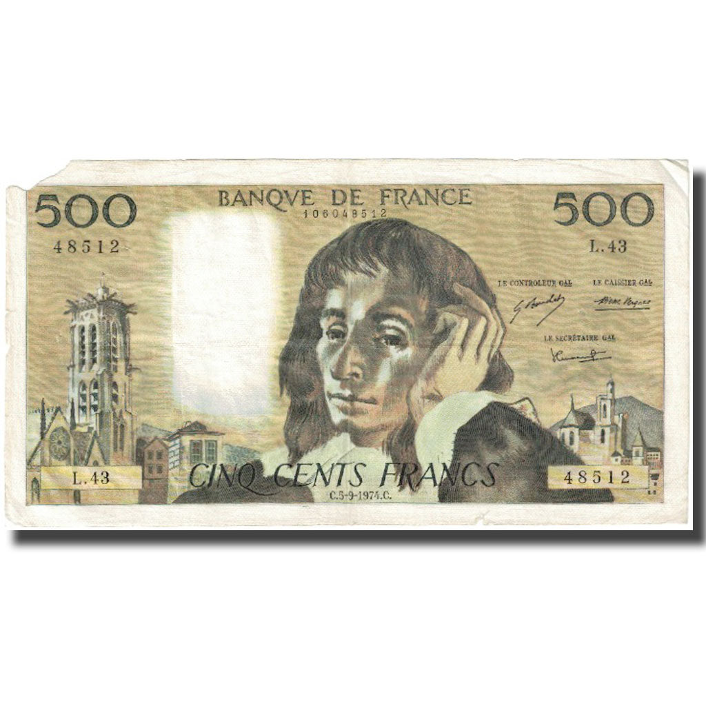 France, 500 Francs, Pascal, 1974, 1974-09-05, F(12-15), Fayette:71.11, KM:156b