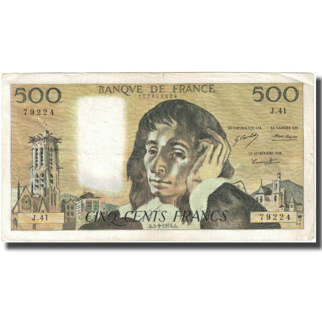 France, 500 Francs, Pascal, 1974, 1974-09-05, VF(20-25), Fayette:71.11, KM:156b