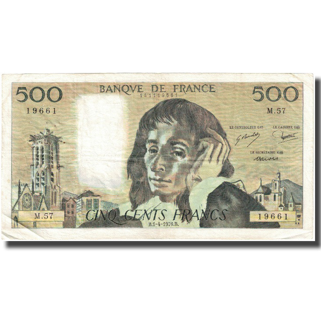 France, 500 Francs, Pascal, 1976, 1976-04-01, VF(20-25), Fayette:71.14, KM:156d