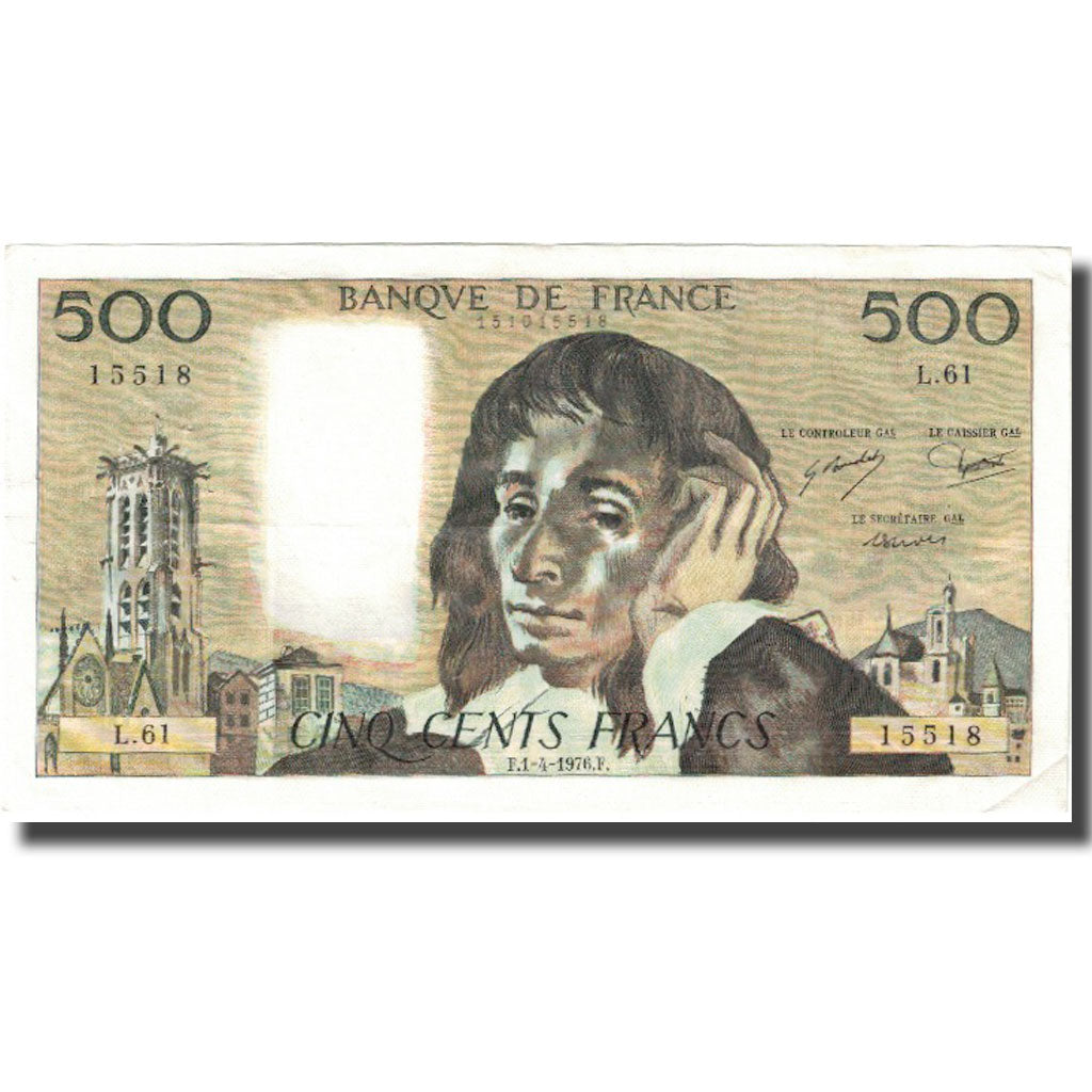 France, 500 Francs, Pascal, 1976, 1976-04-01, EF(40-45), Fayette:71.14, KM:156d