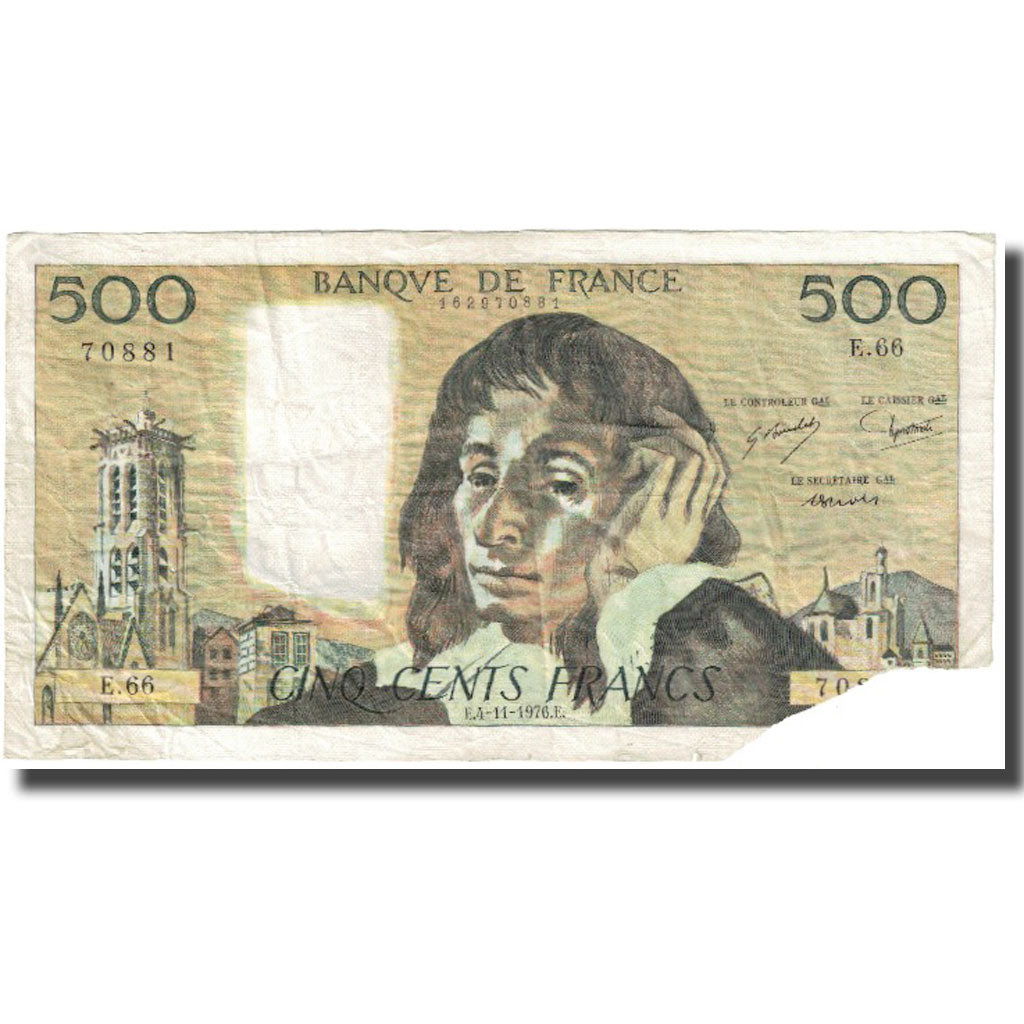 France, 500 Francs, Pascal, 1976, 1976-11-04, VG(8-10), Fayette:71.15, KM:156d