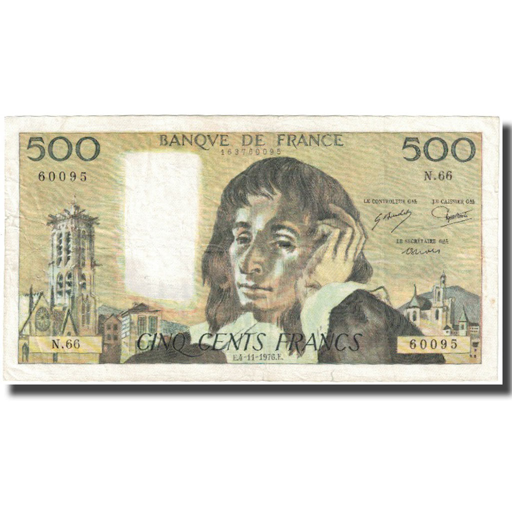 France, 500 Francs, Pascal, 1976, 1976-11-04, VF(20-25), Fayette:71.15, KM:156d
