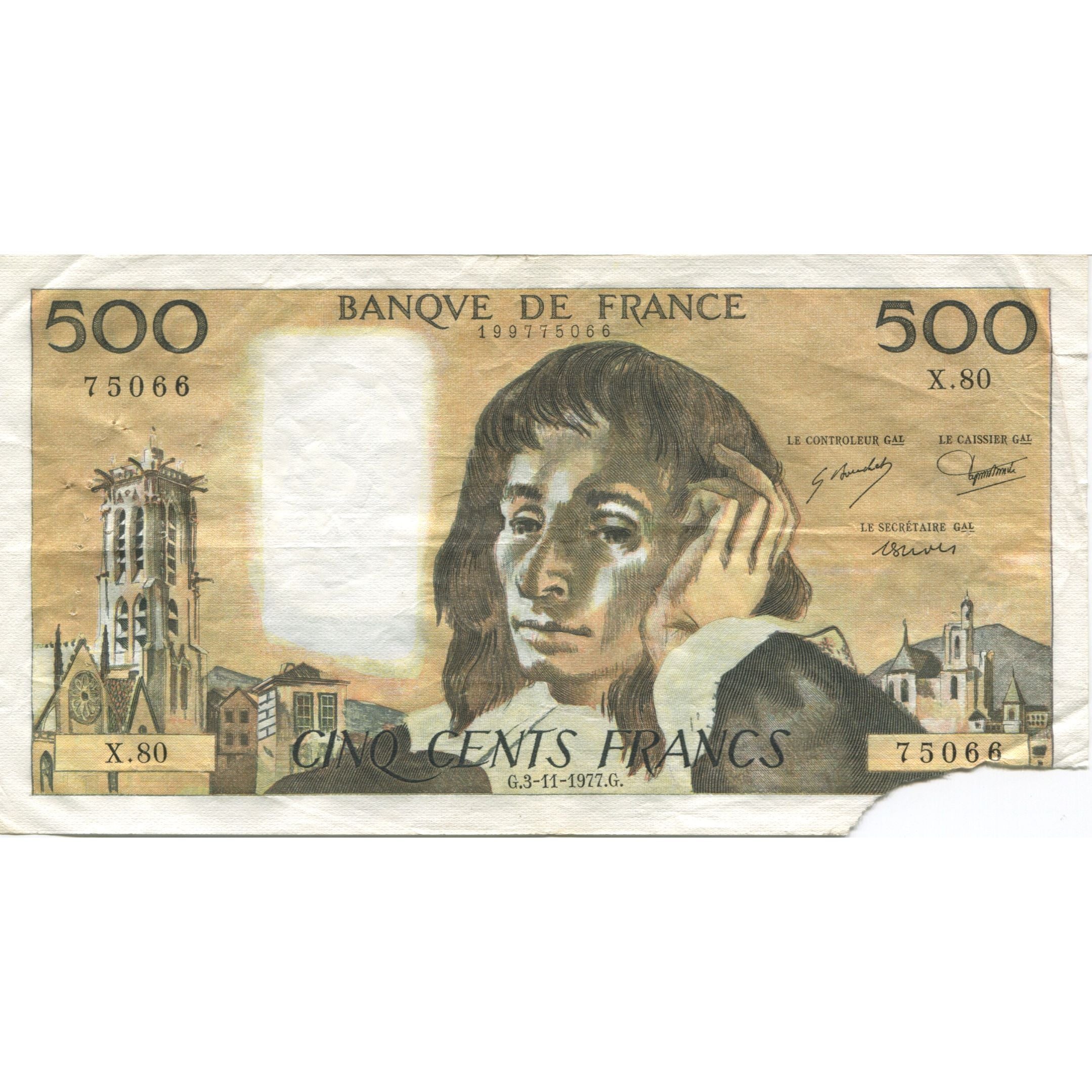 Francja, 500 Francs, Pascal, 1977, 1977-11-03, VG(8-10), Fayette:71.17, KM:156d