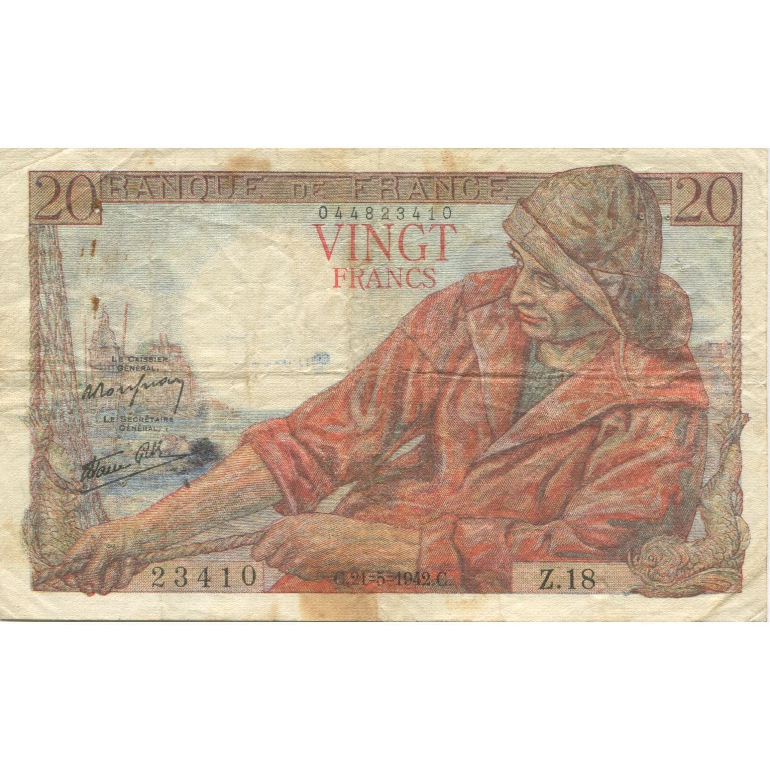 Francia, 20 Francs, Pêcheur, 1942, 1942-05-21, MB+, Fayette:13.2, KM:100a