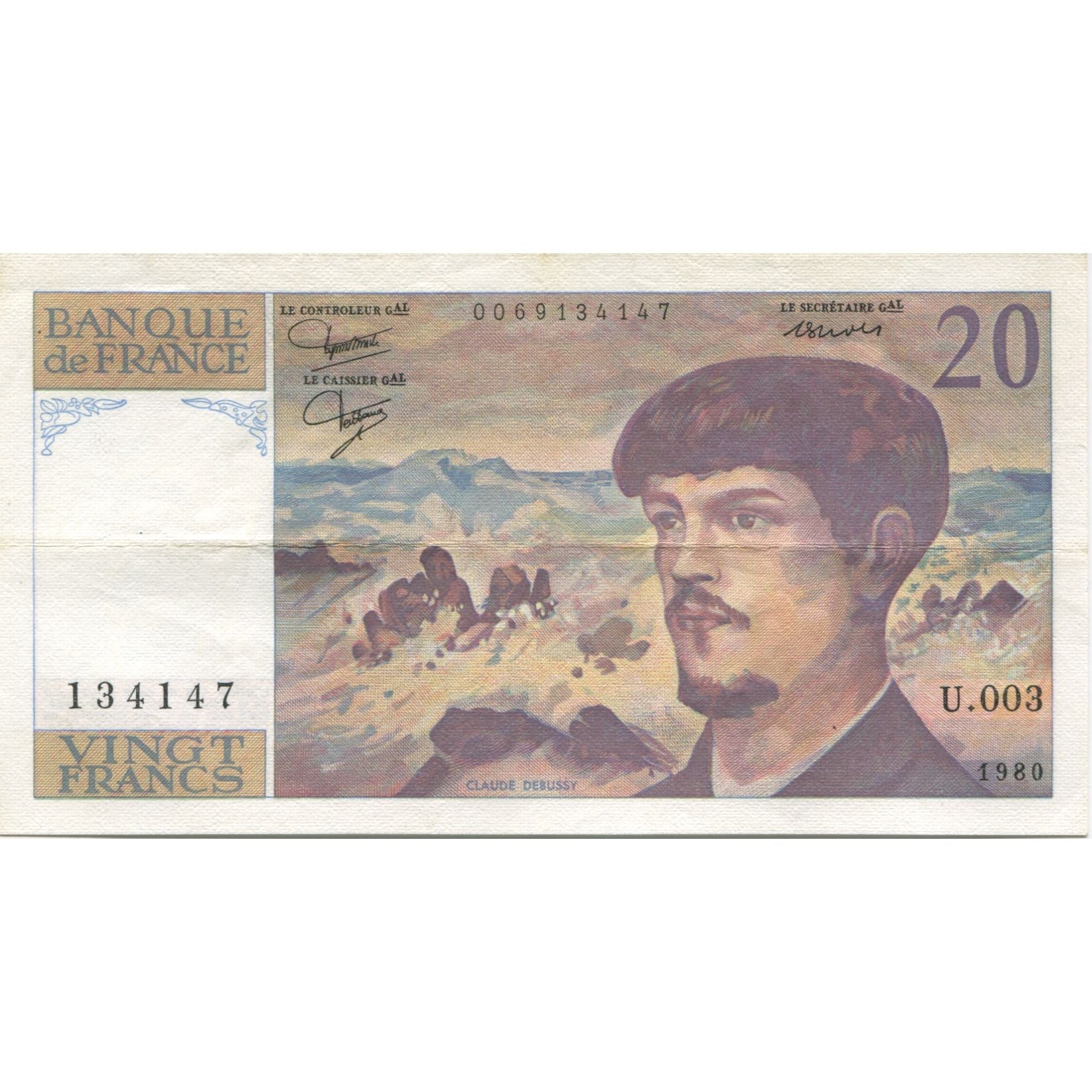 França, 20 Francs, Debussy, 1980, AU(55-58), Fayette:66.1, KM:151a
