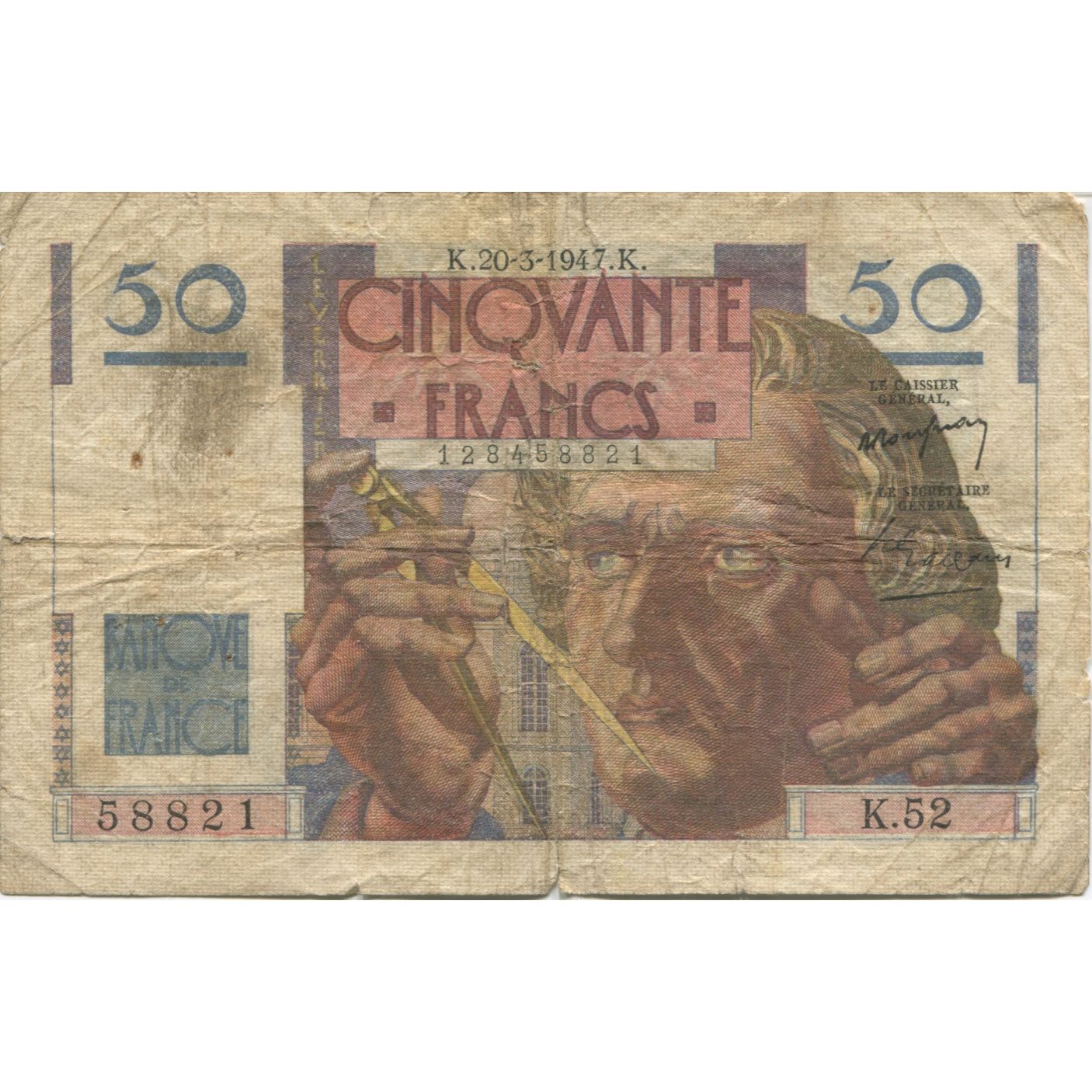 França, 50 Francs, Le Verrier, 1947, 1947-03-20, VG(8-10), Fayette:20.7