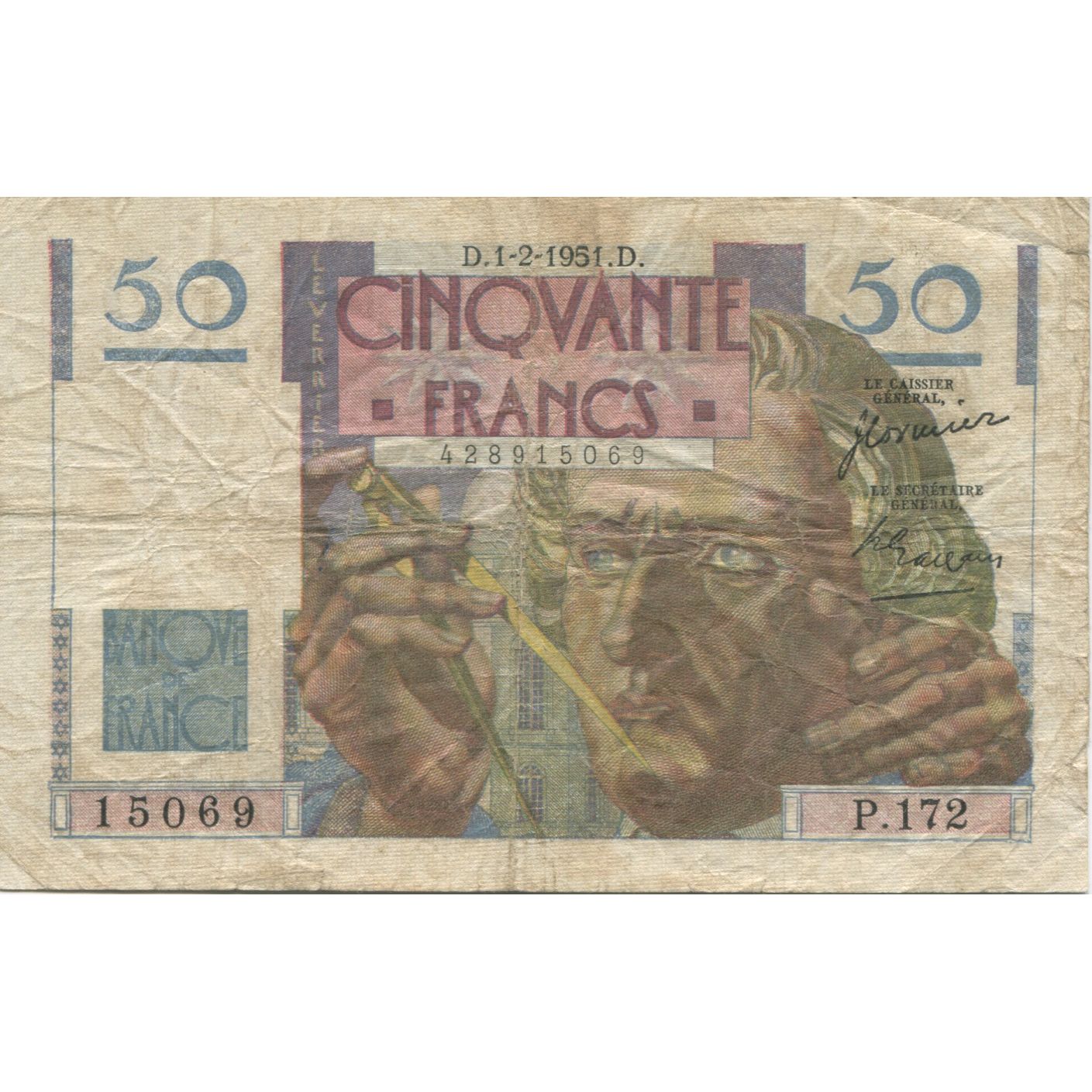 France, 50 Francs, Le Verrier, 1951, 1951-02-01, TB, Fayette:20.17, KM:127c