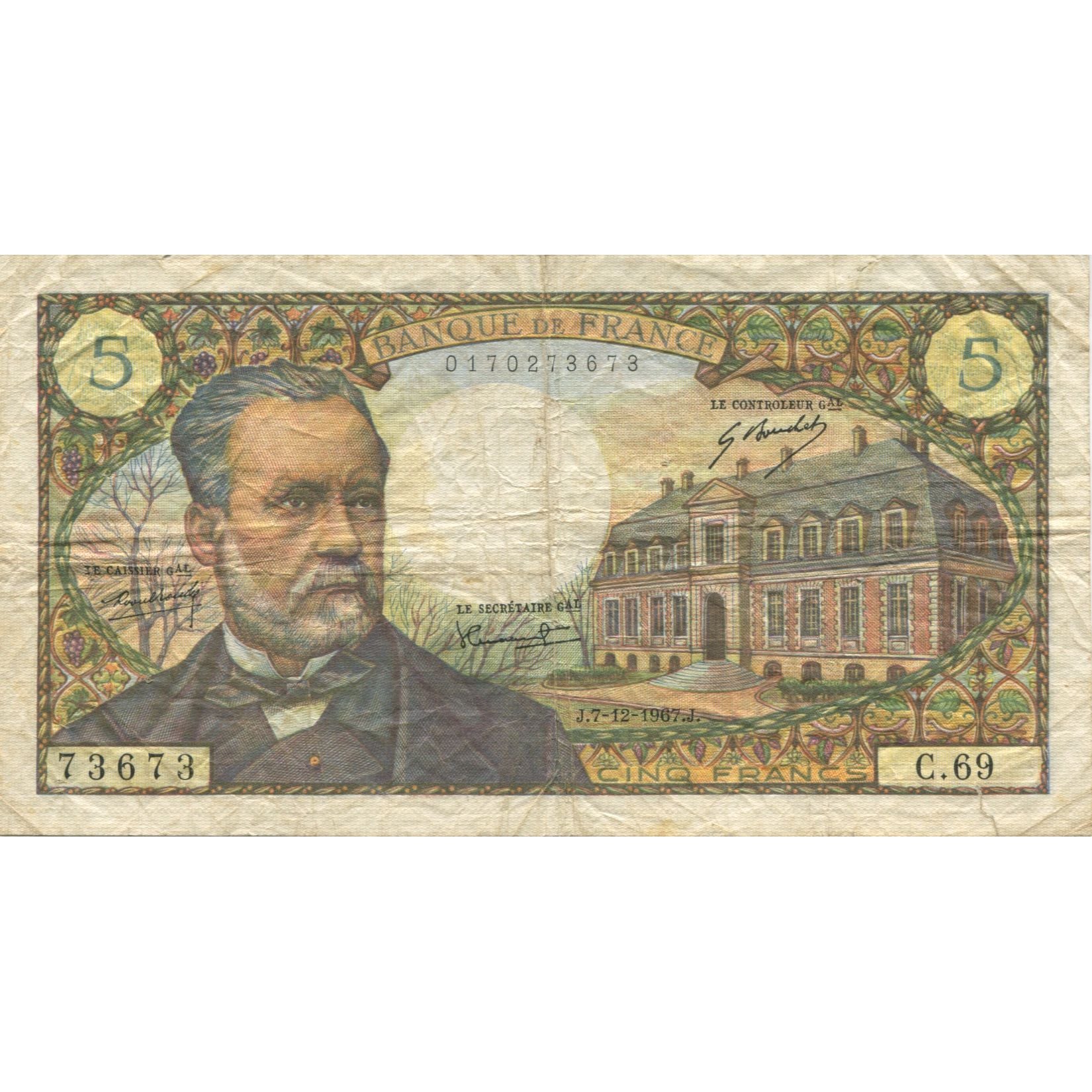 Francia, 5 Francs, Pasteur, 1967, 1967-12-07, BC+, Fayette:61.6, KM:146b