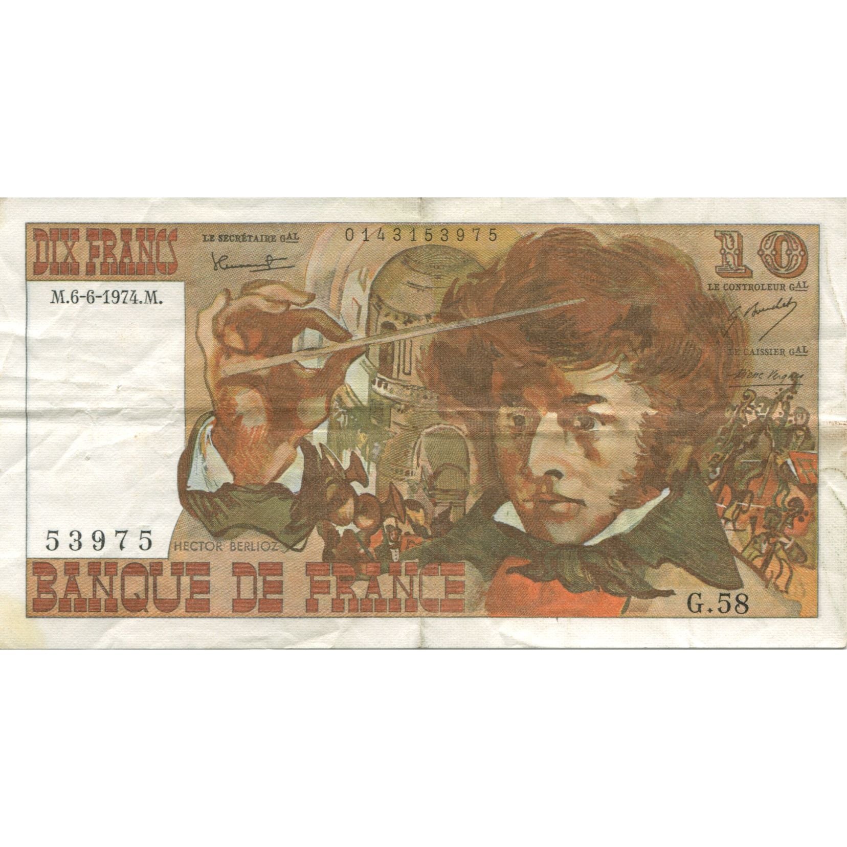 França, 10 Francs, Berlioz, 1974, 1974-06-06, EF(40-45), Fayette:63.5, KM:150a