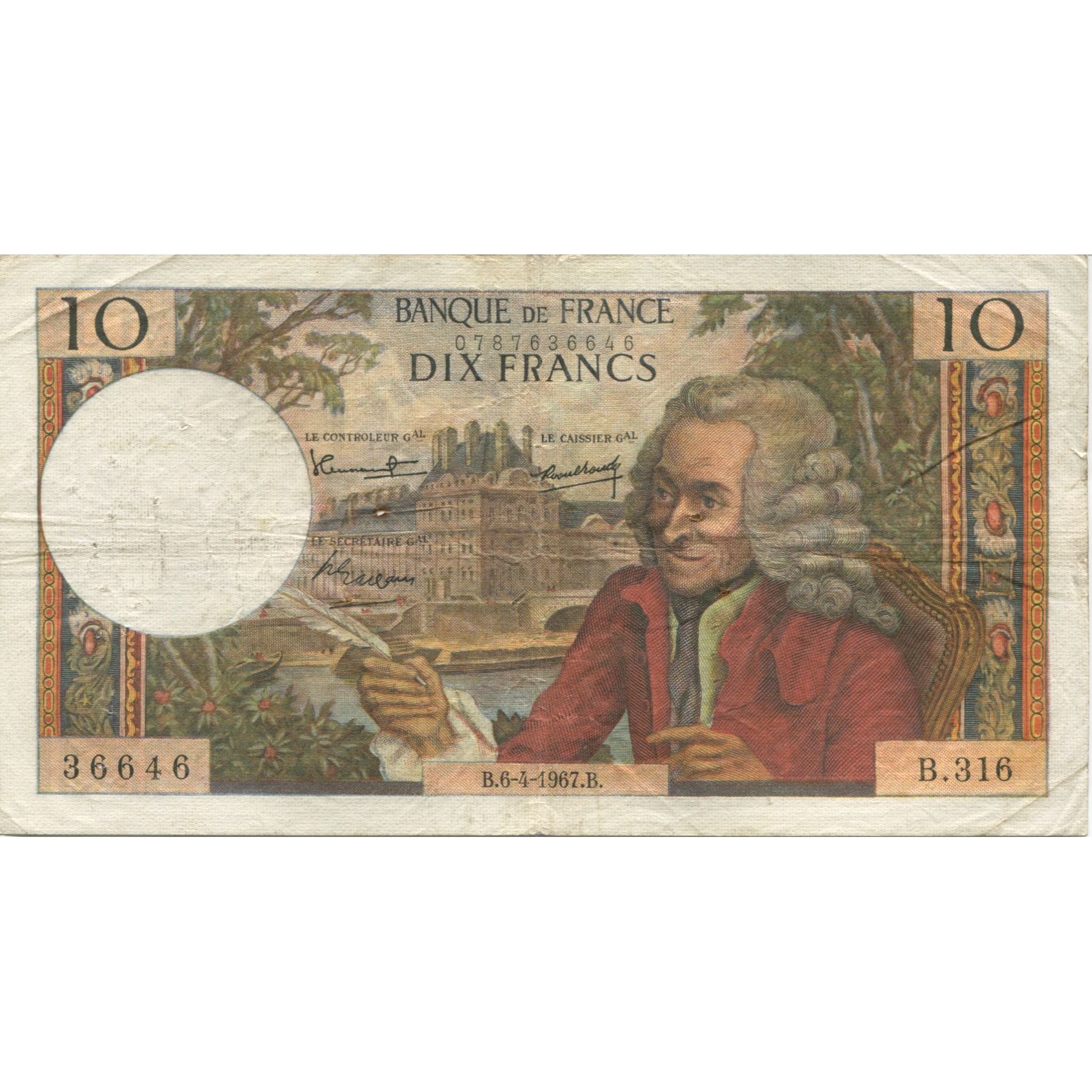 Frankrijk, 10 Francs, Voltaire, 1967, 1967-04-06, TB, Fayette:62.26, KM:147b