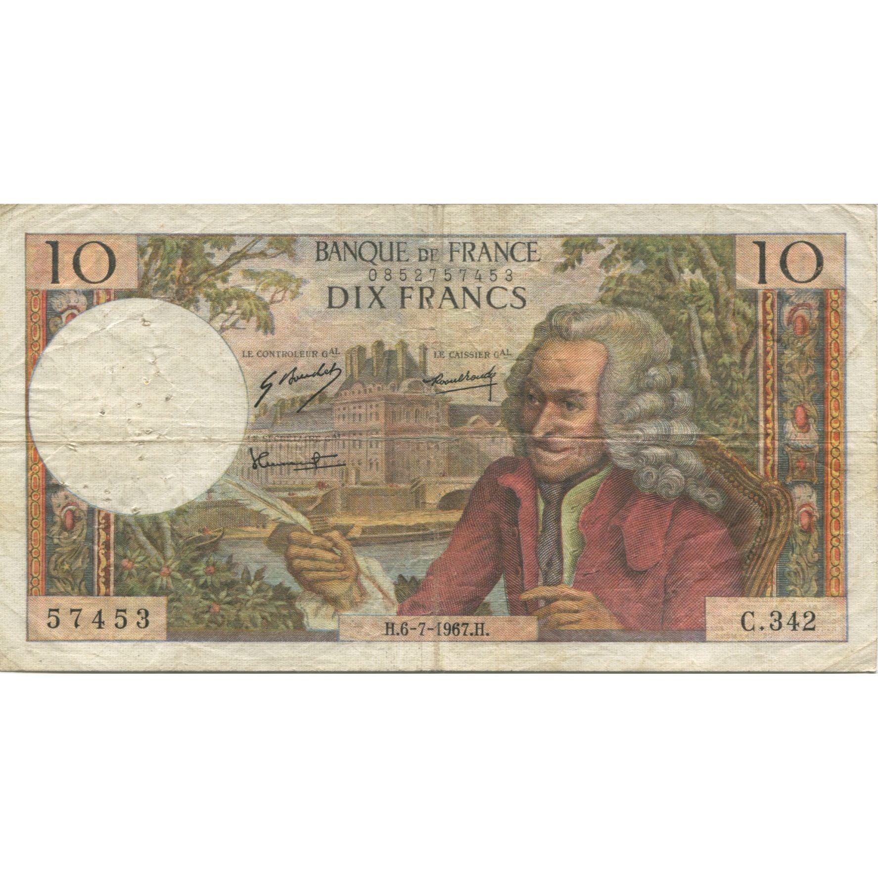Francja, 10 Francs, Voltaire, 1967, 1967-07-06, VF(20-25), Fayette:62.27