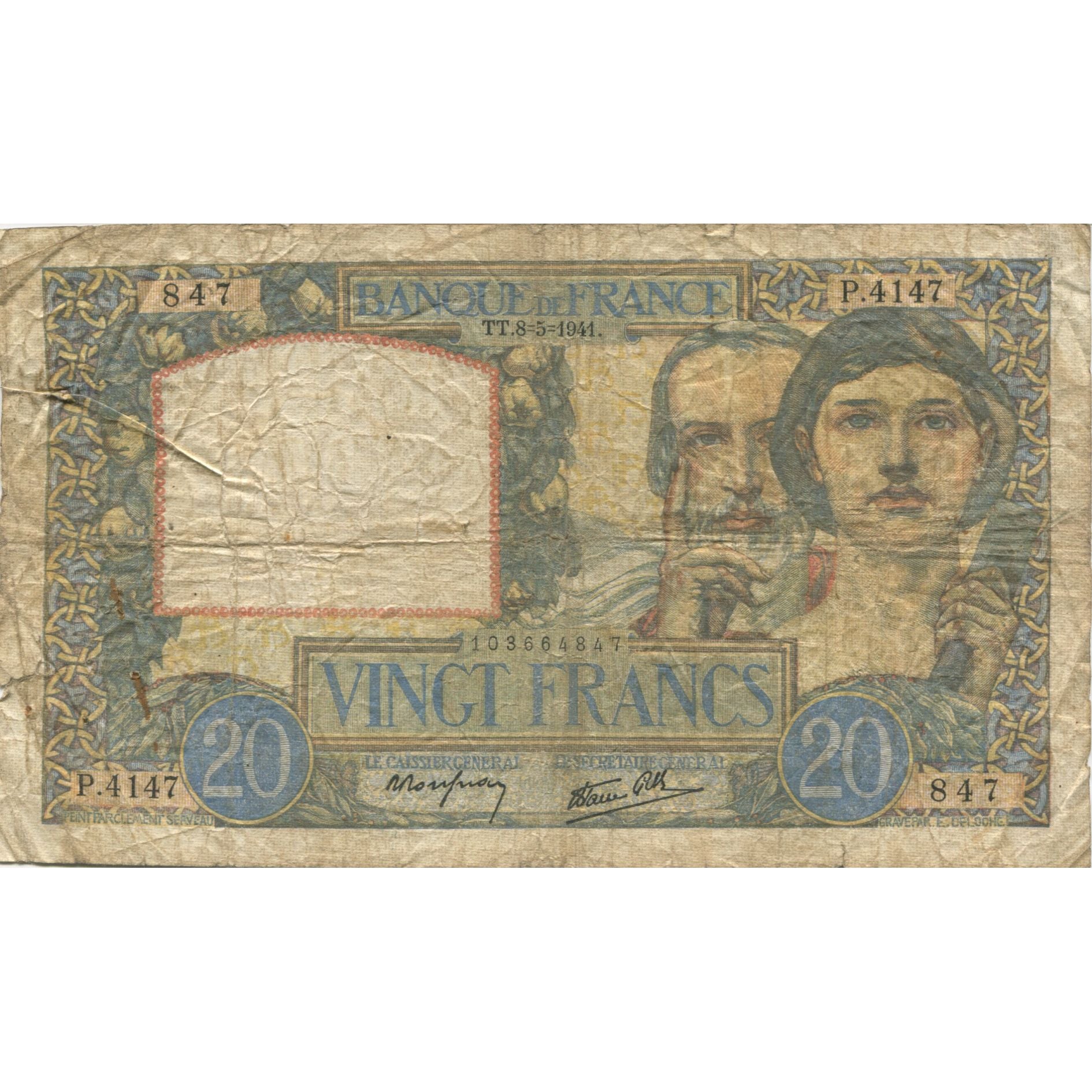 France, 20 Francs, Science et Travail, 1941, 1941-05-08, VG(8-10)