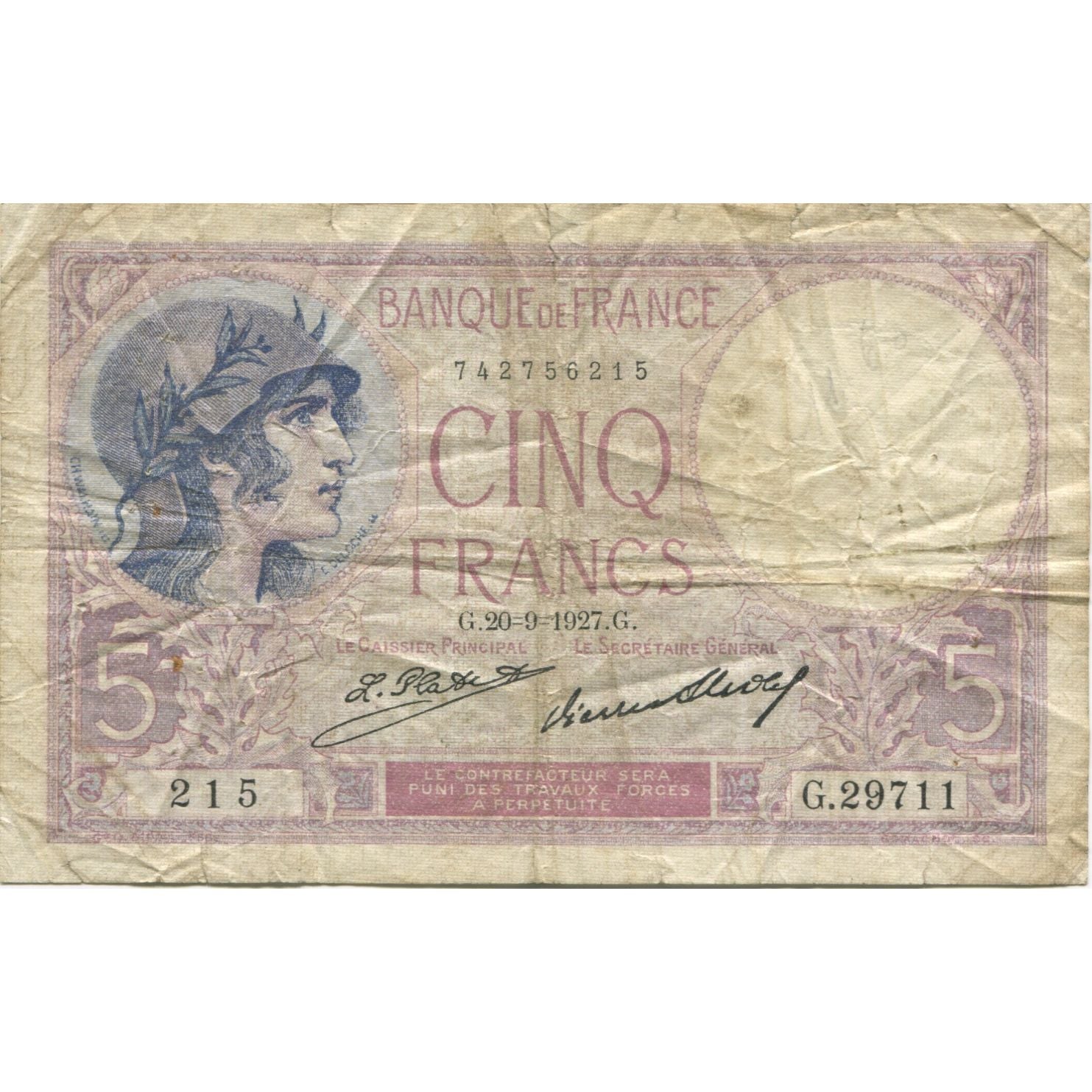 Francja, 5 Francs, Violet, 1927, 1927.09.20, VF(20-25), Fayette:03.11, KM:72d