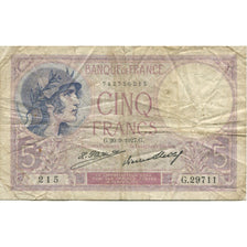 Francja, 5 Francs, Violet, 1927, 1927.09.20, VF(20-25), Fayette:03.11, KM:72d
