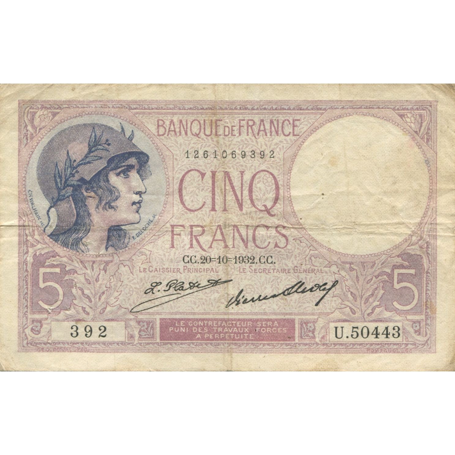 Francia, 5 Francs, Violet, 1927, 1927-10-20, MB, Fayette:F.03.16, KM:72d