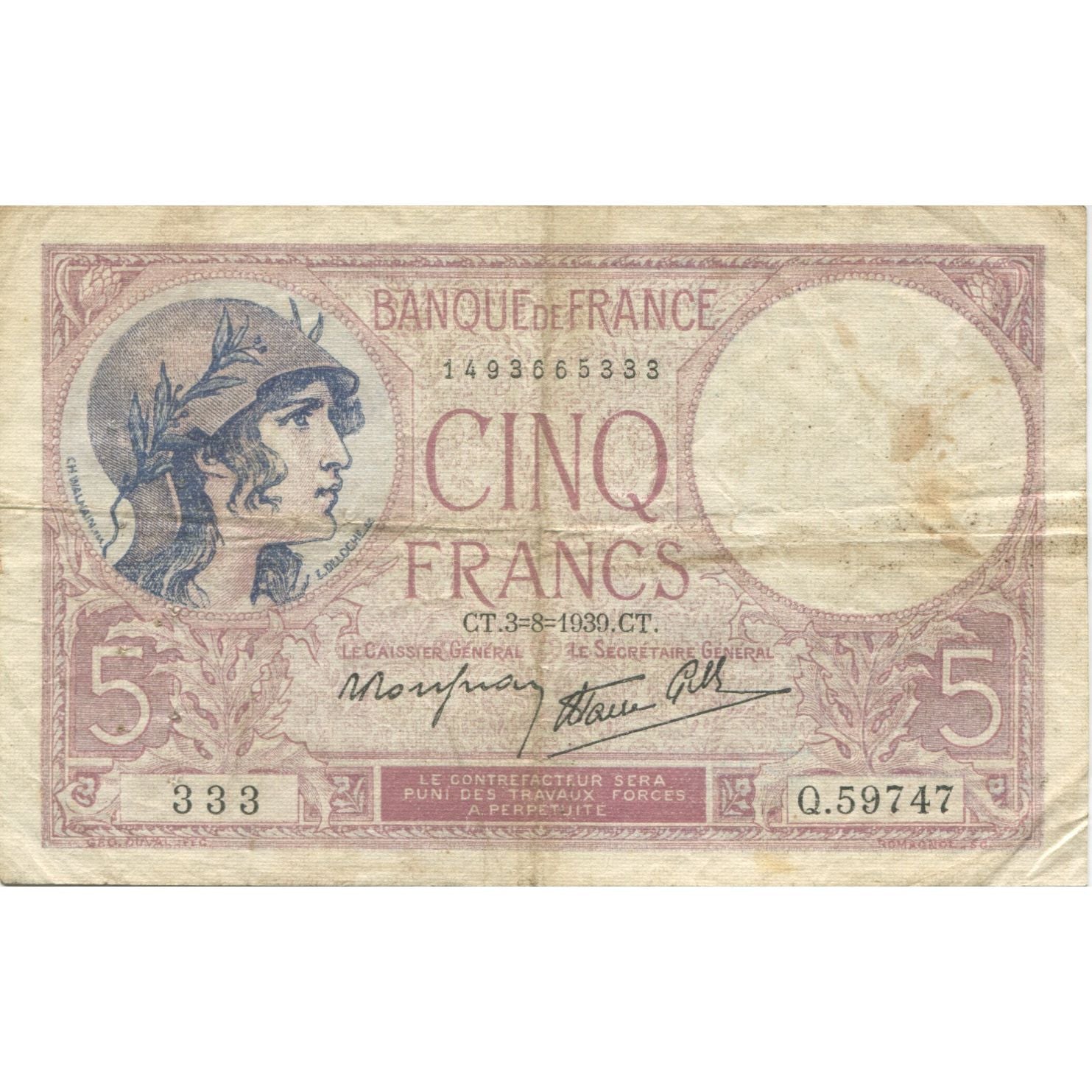 Frankreich, 5 Francs, Violet, 1939, 1939-08-03, S, Fayette:04.04, KM:83